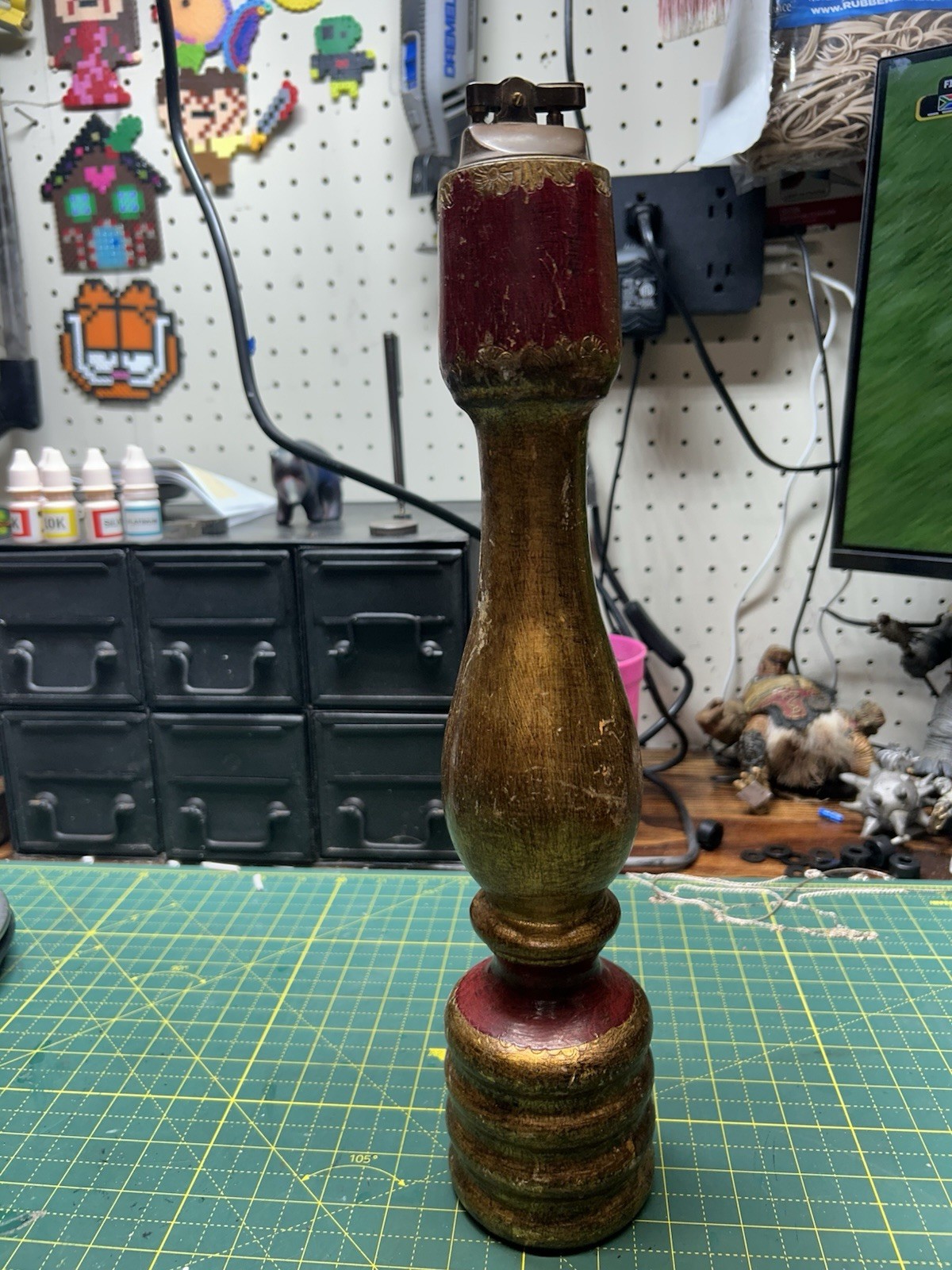 Vintage Tabletop Cigar Lighter Turned Wood Base Red Gold Paint Ornate Burner