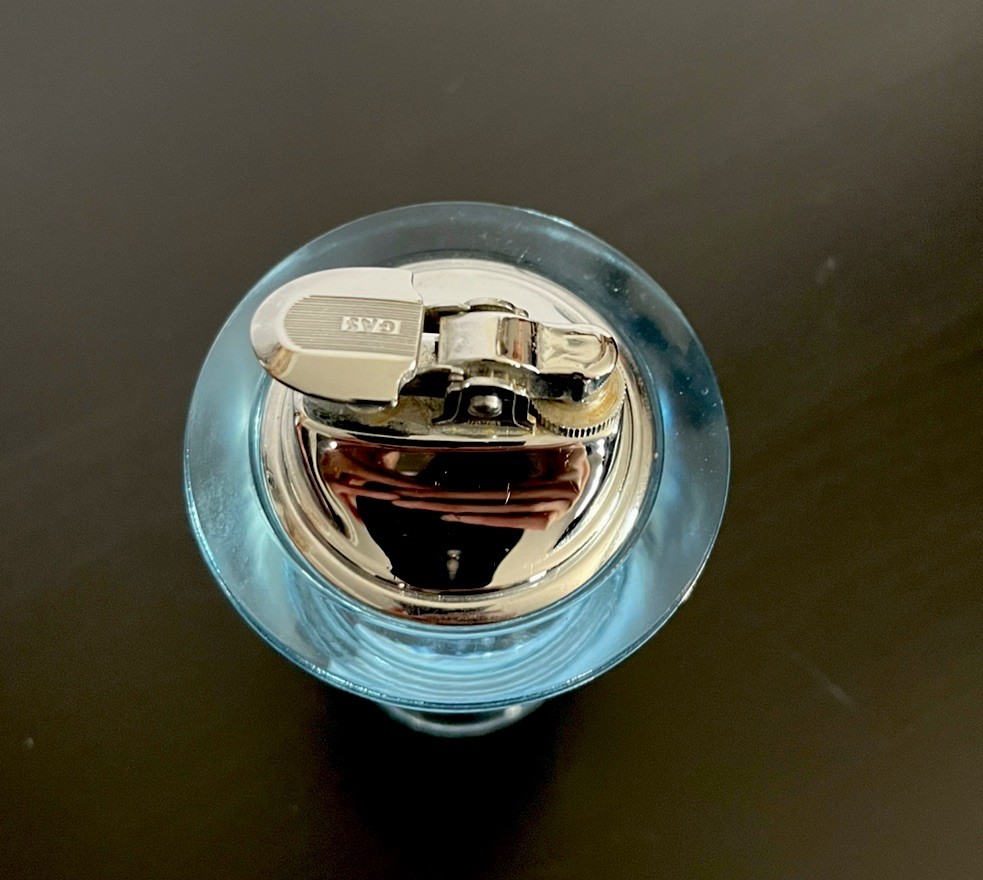 Vintage Blue Depression Style Glass Table Lighter Chrome Details Collectible