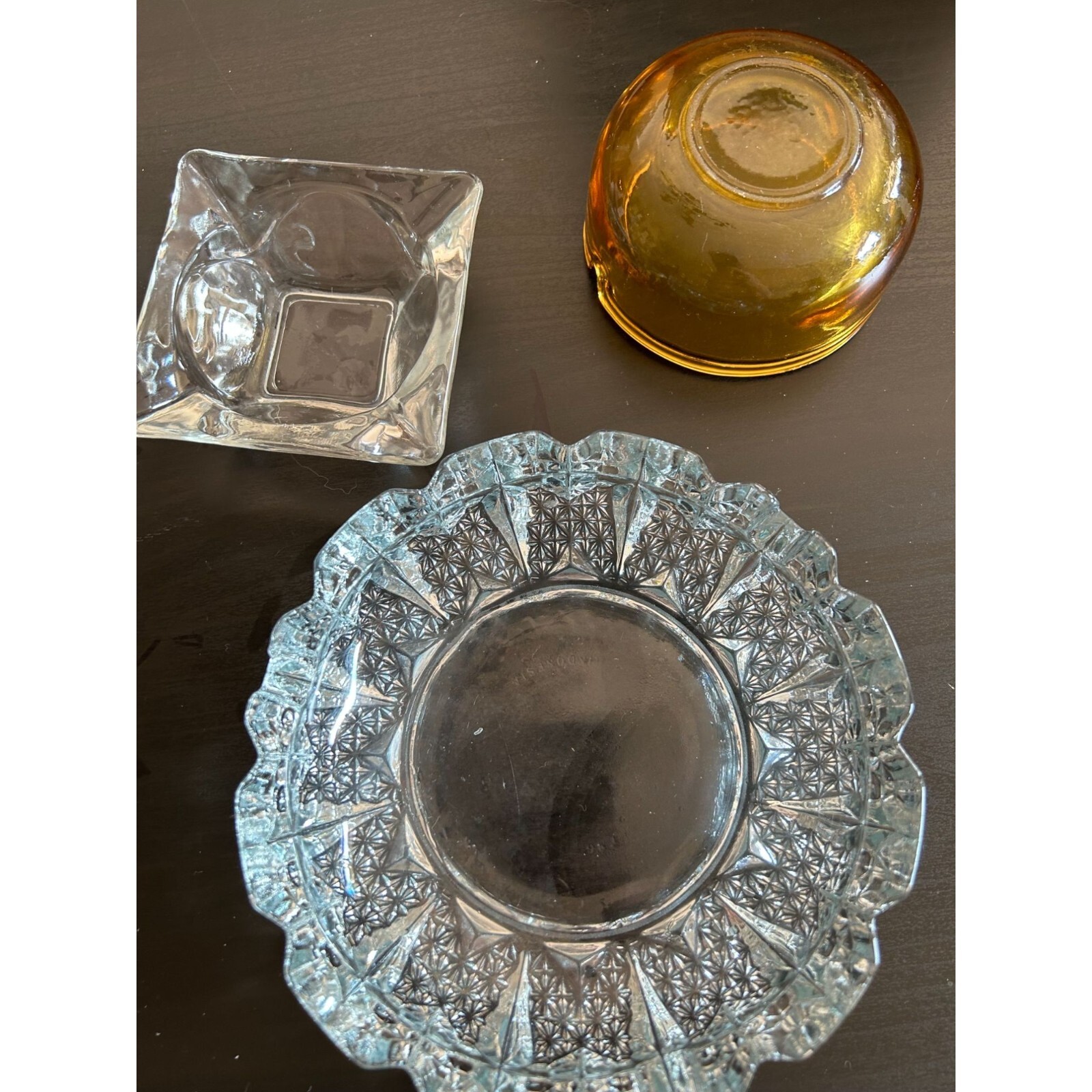 Amber Thick Clear Crystal Glass Set Of 3 Cigarette Ashtray Decorative Vintage