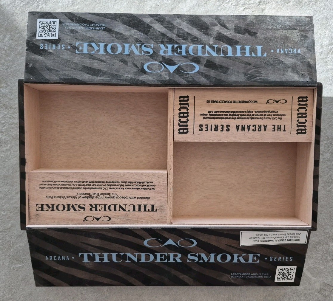 Arcana Thunder Smoke By CAO Empty Wooden Cigar Box, Great Man Cave Decor, Nice!