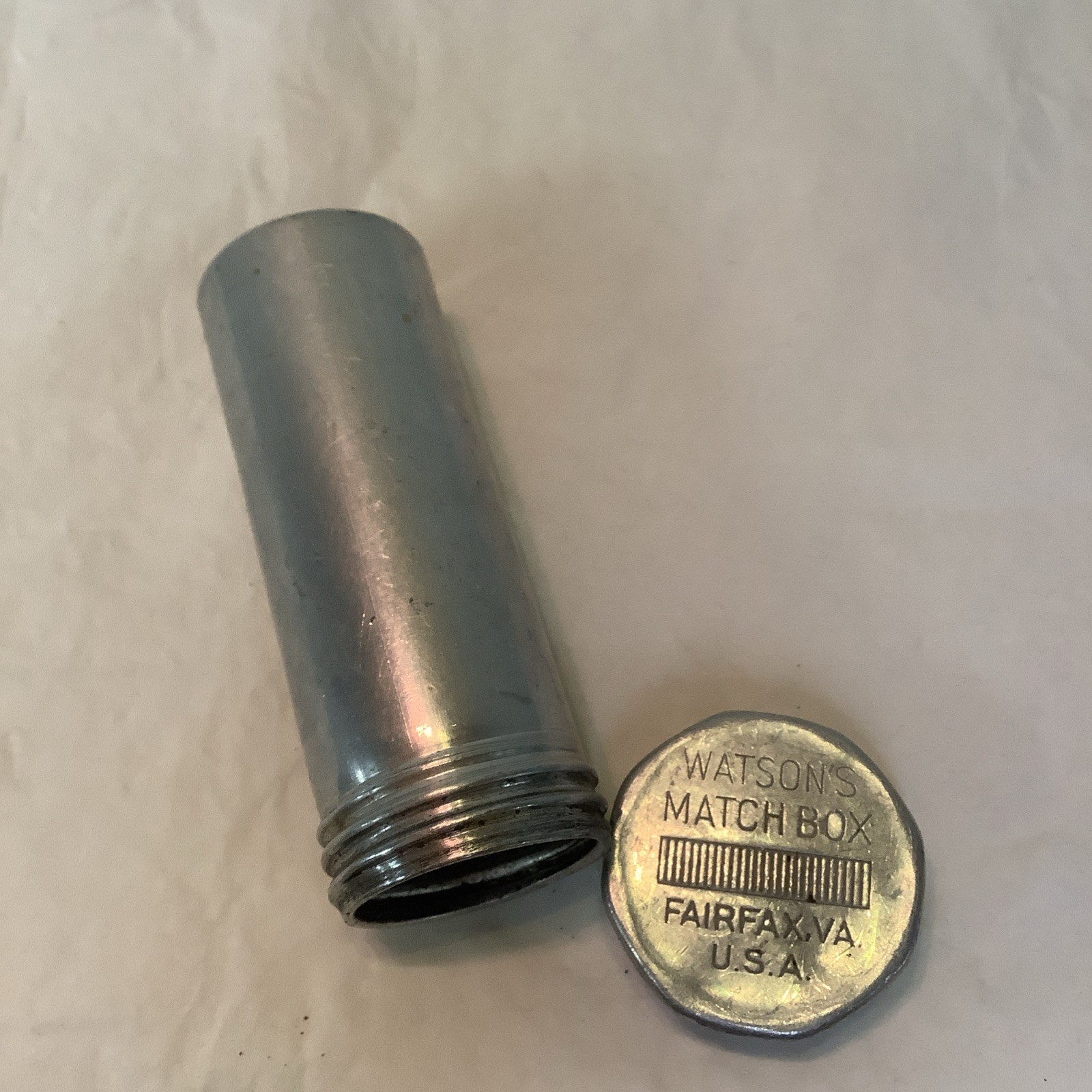 Vintage Watsons Match Box Aluminum Waterproof Match Safe Fairfax VA USA