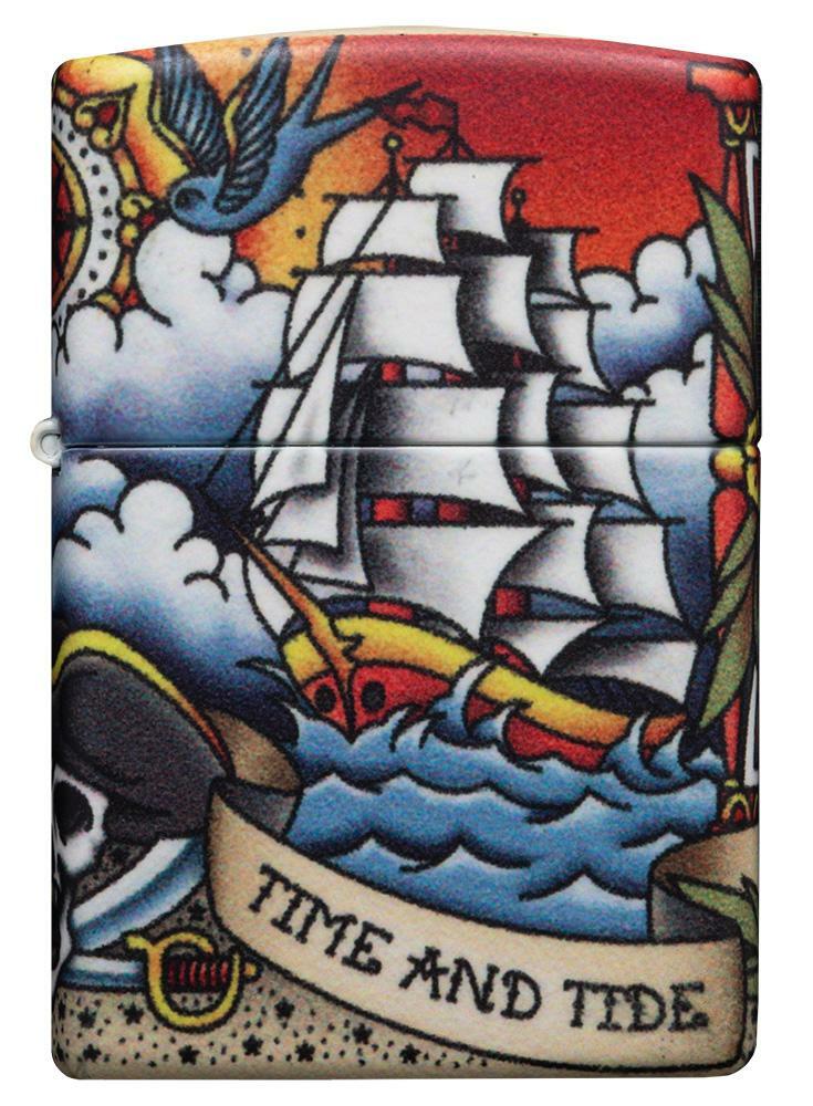 Zippo Windproof Pirate Ship & Lighthouse, Nautical Tattoo, 49532, New In Box