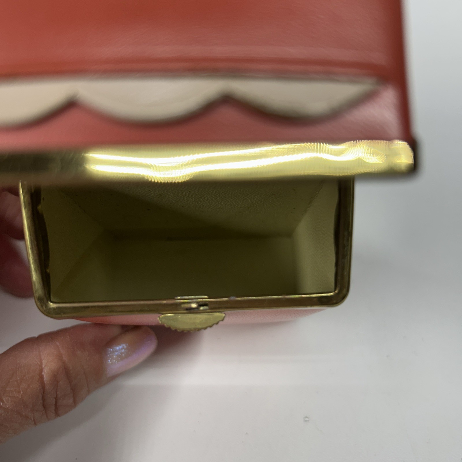 Vintage Buxton Cigarette Case Leather? Coral Color Gold Trim Flip Top
