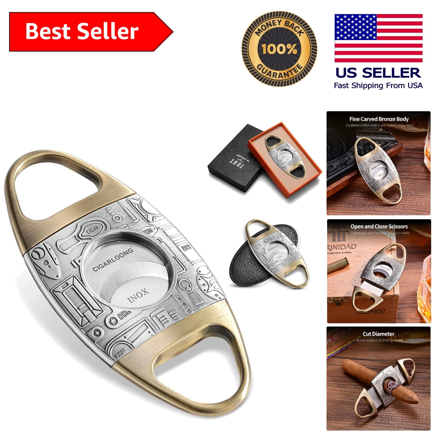 Luxurious Bronze Cigar Cutter with Double Blades and Leather Pouch, Gold+Silver