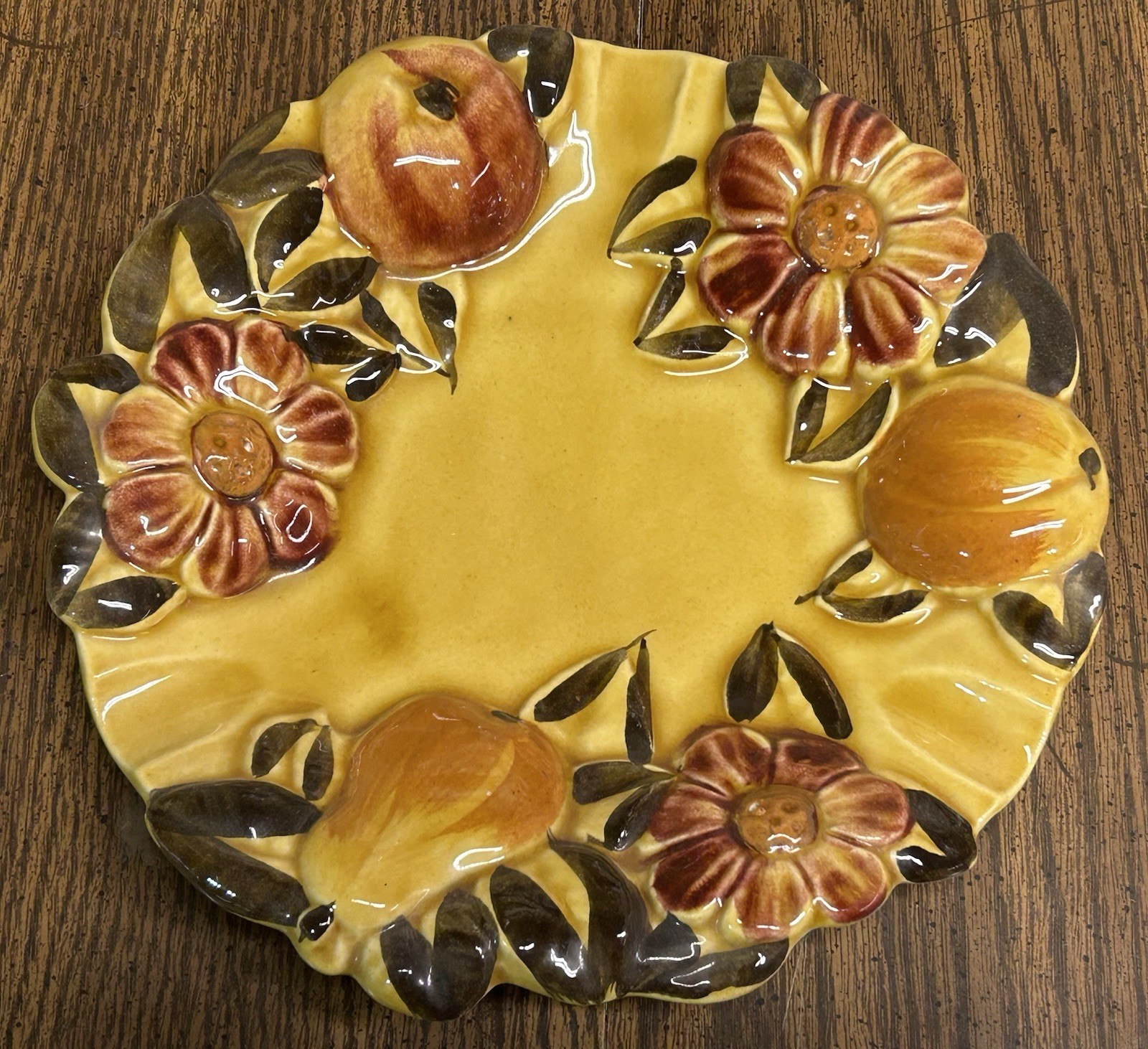 1970s Pottery Ashtray Fruit Flower Pattern Harvest Gold Pear Daisy Vintage