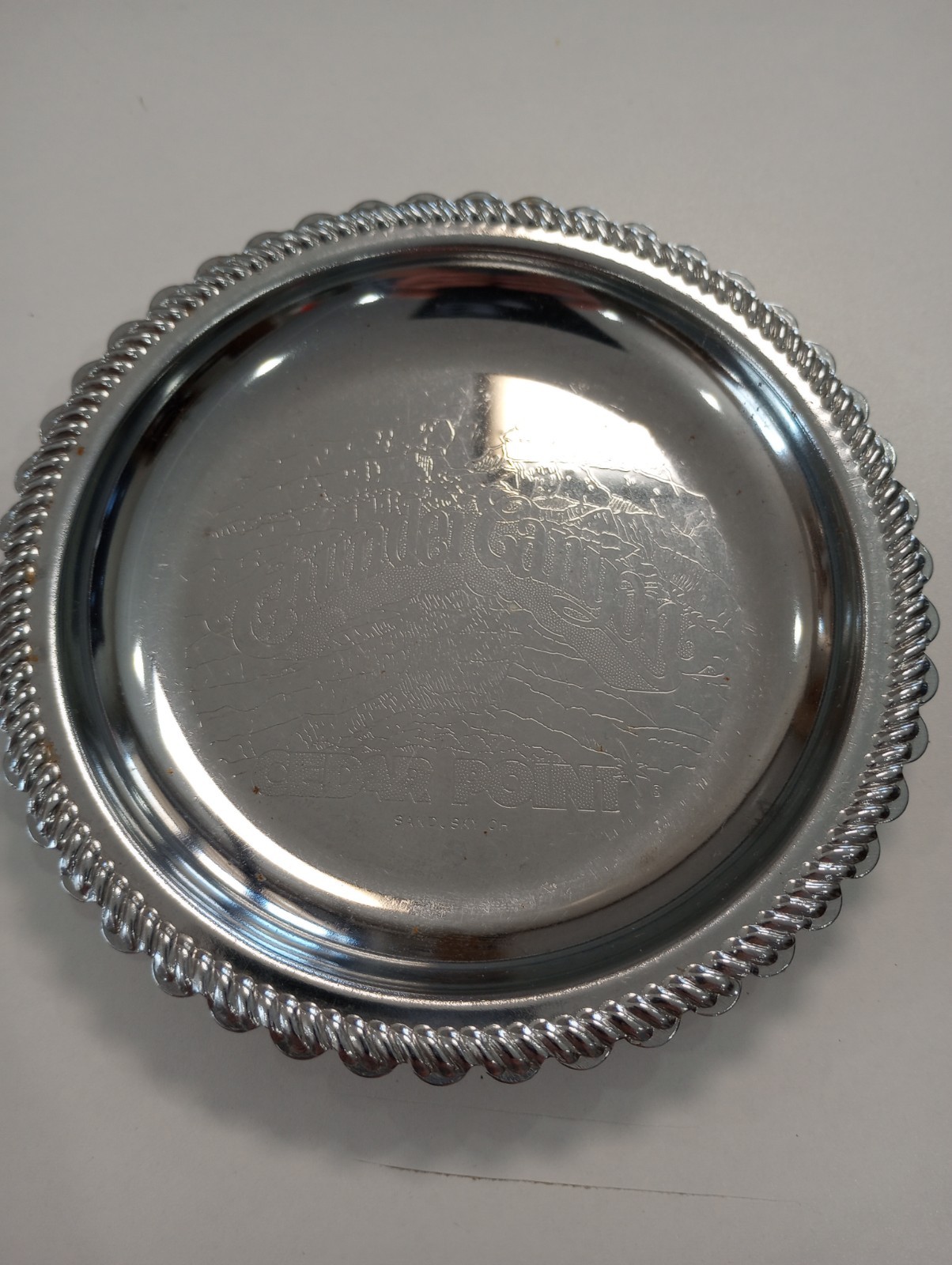 Vintage Metal Ashtray Cedar Point Thunder Canyon 4 1/2”Diameter Round