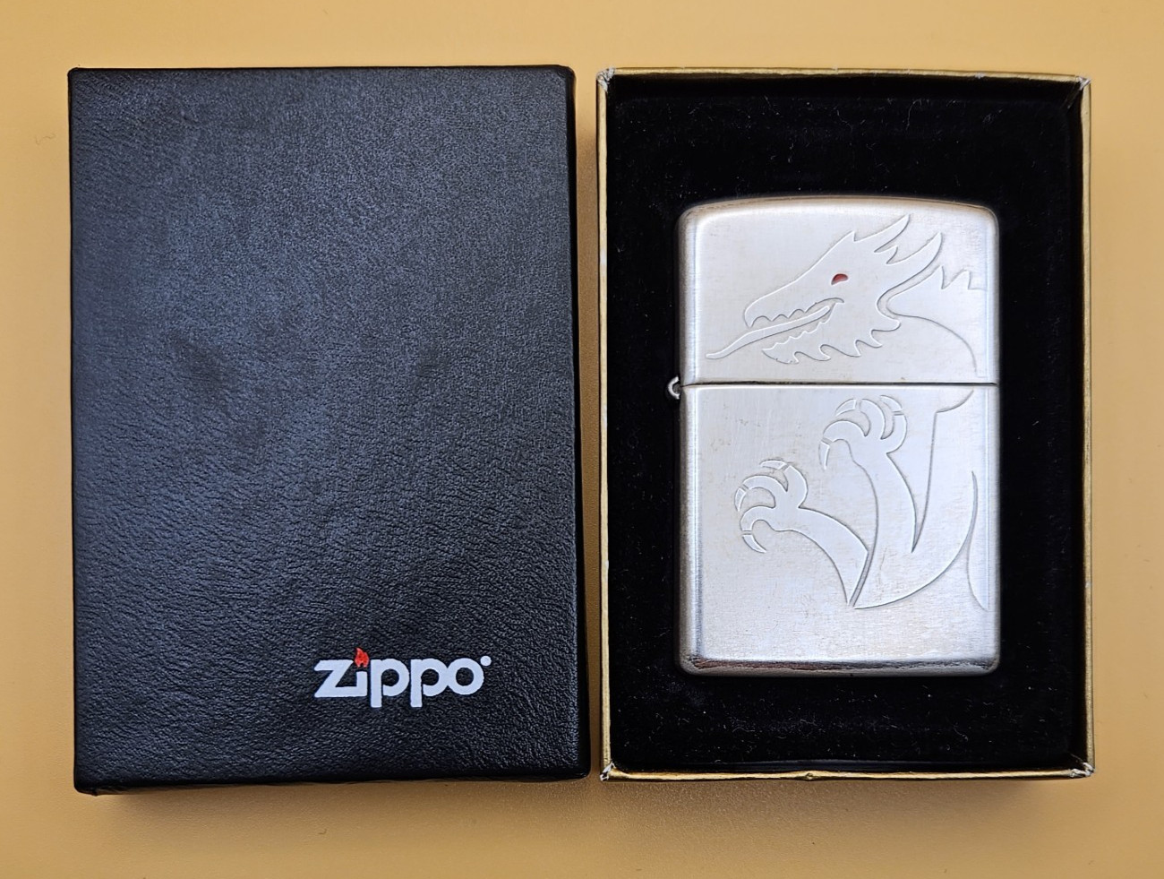 Zippo Lighter 2004 Red Eyed Dragon, 3-Sides, Reverse Etch on Satin Silver