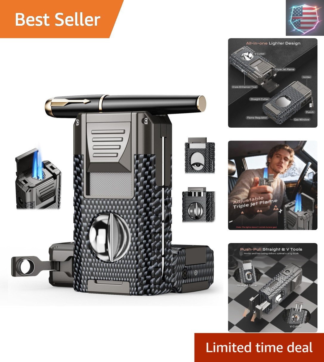 6-in-1 Torch Lighters, Torch Lighter with V & Straight Cutter, Punch, Holder,…