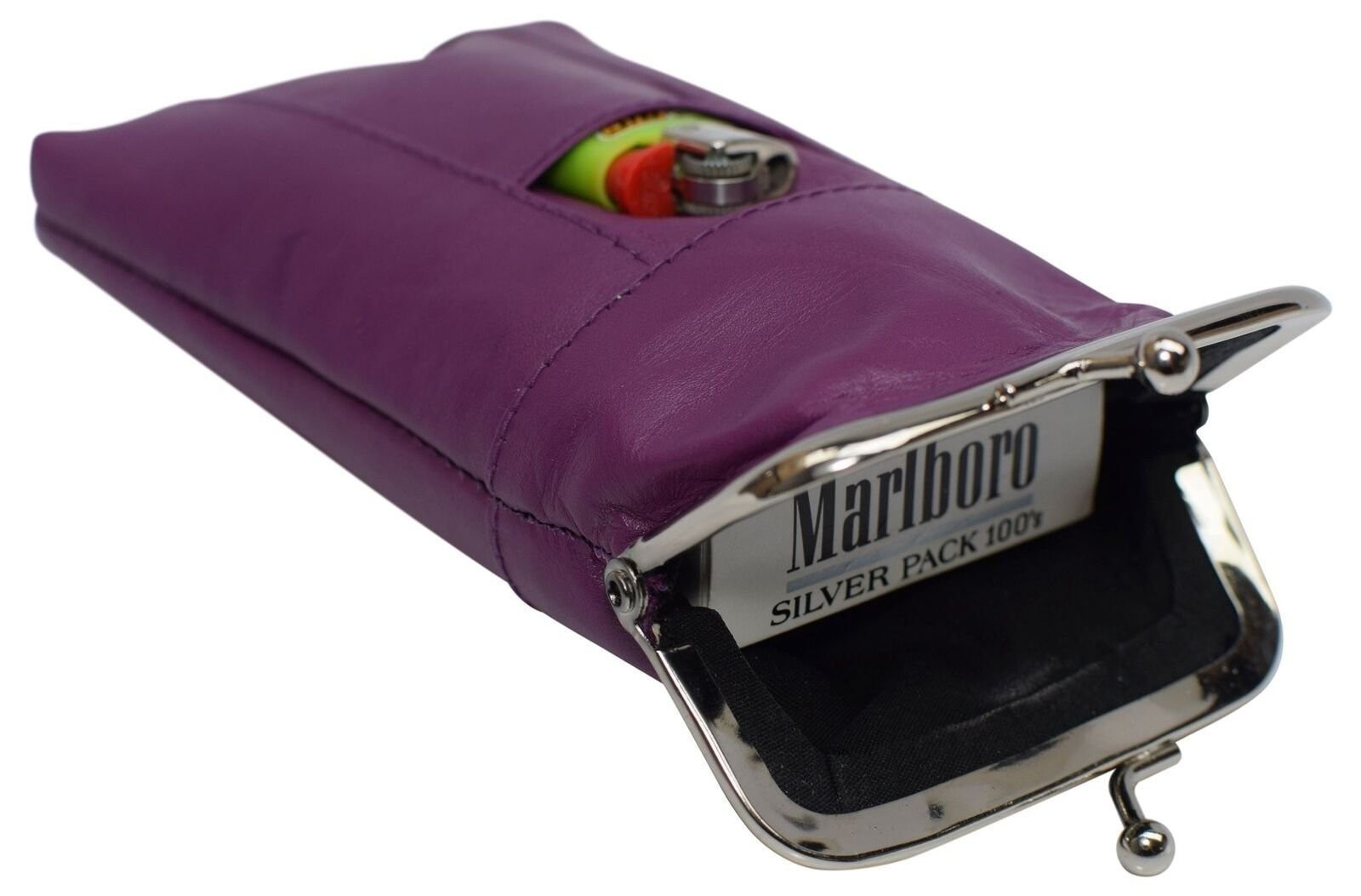 Genuine Leather Cigarette Case with Lighter Pouch Purple by Marshal