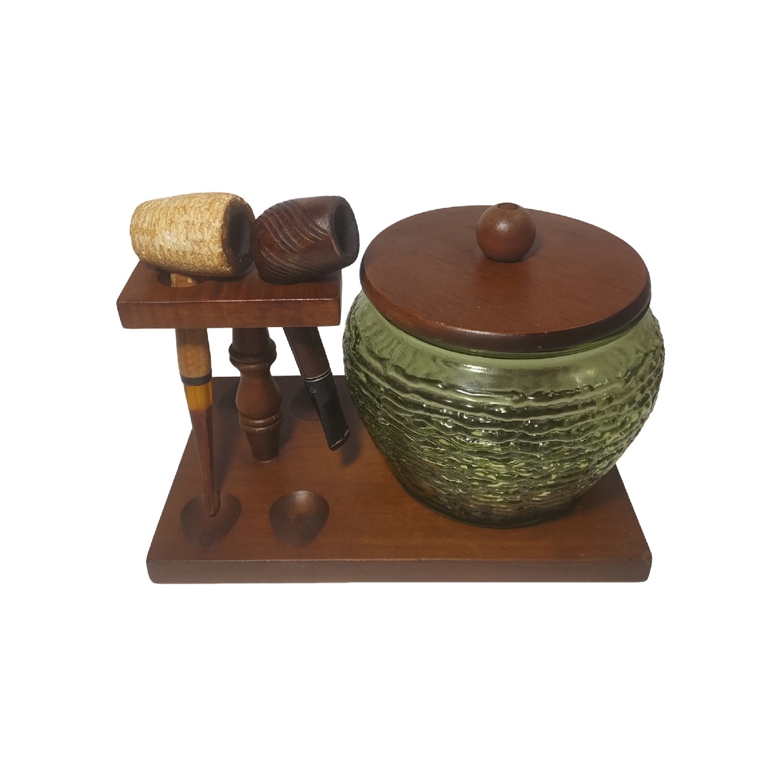 Vintage Wooden 6 Pipe Stand and Humidor w/Lid-Includes 2 Pipes & Extras-SEE DESC