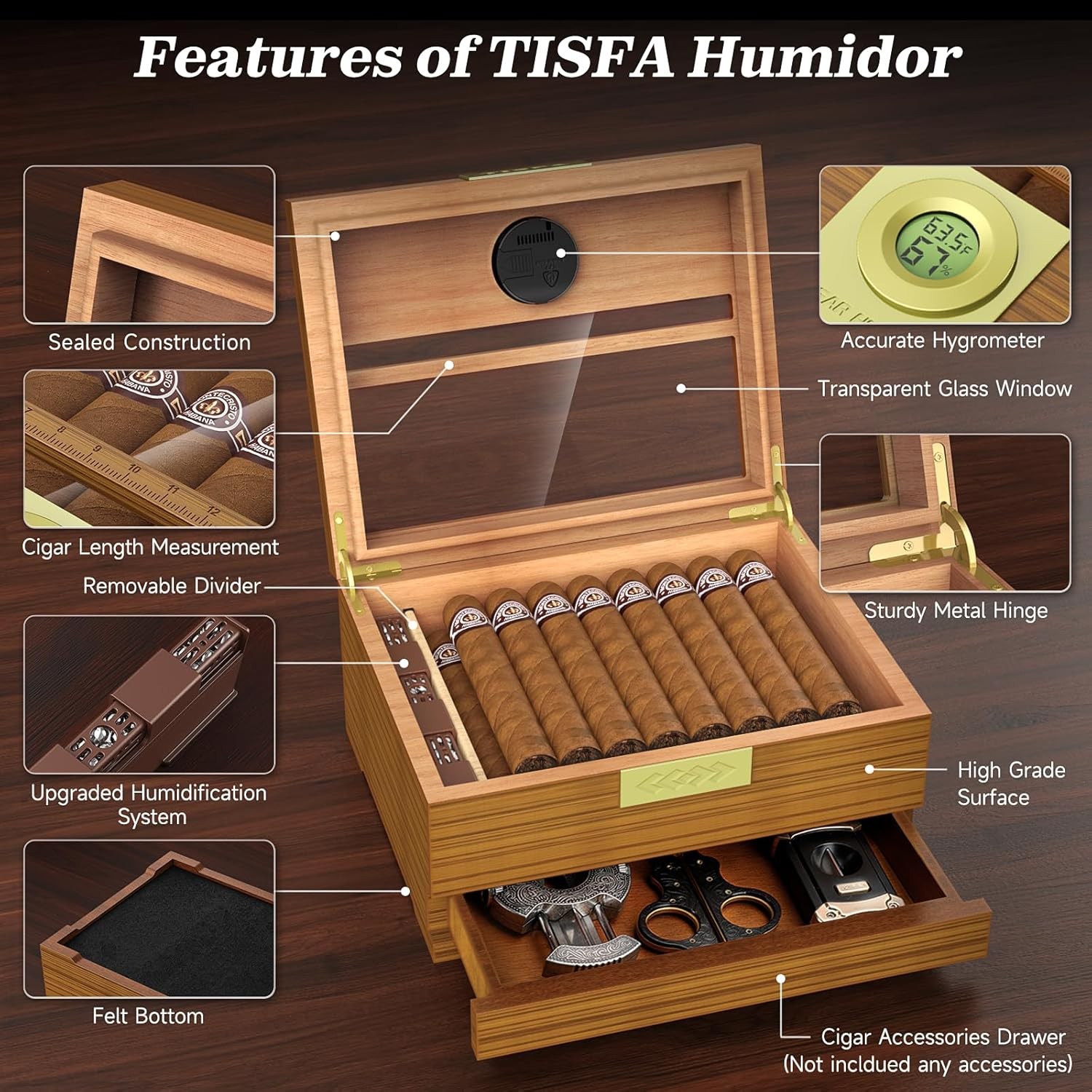 Cigar Box Handcrafted Humidor with Hygrometer and Humidifier, Cedar Wooden
