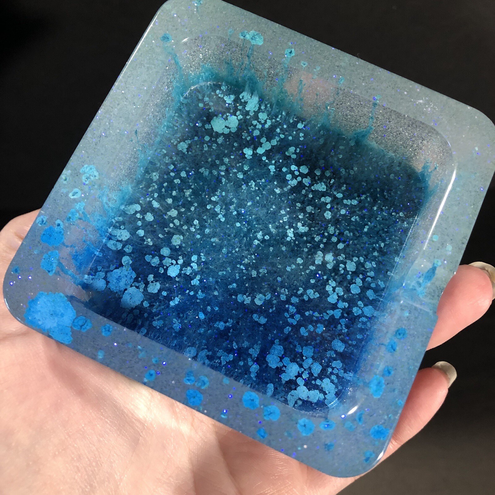 Blue And Green Glitter Petri Resin Small Square Ashtray
