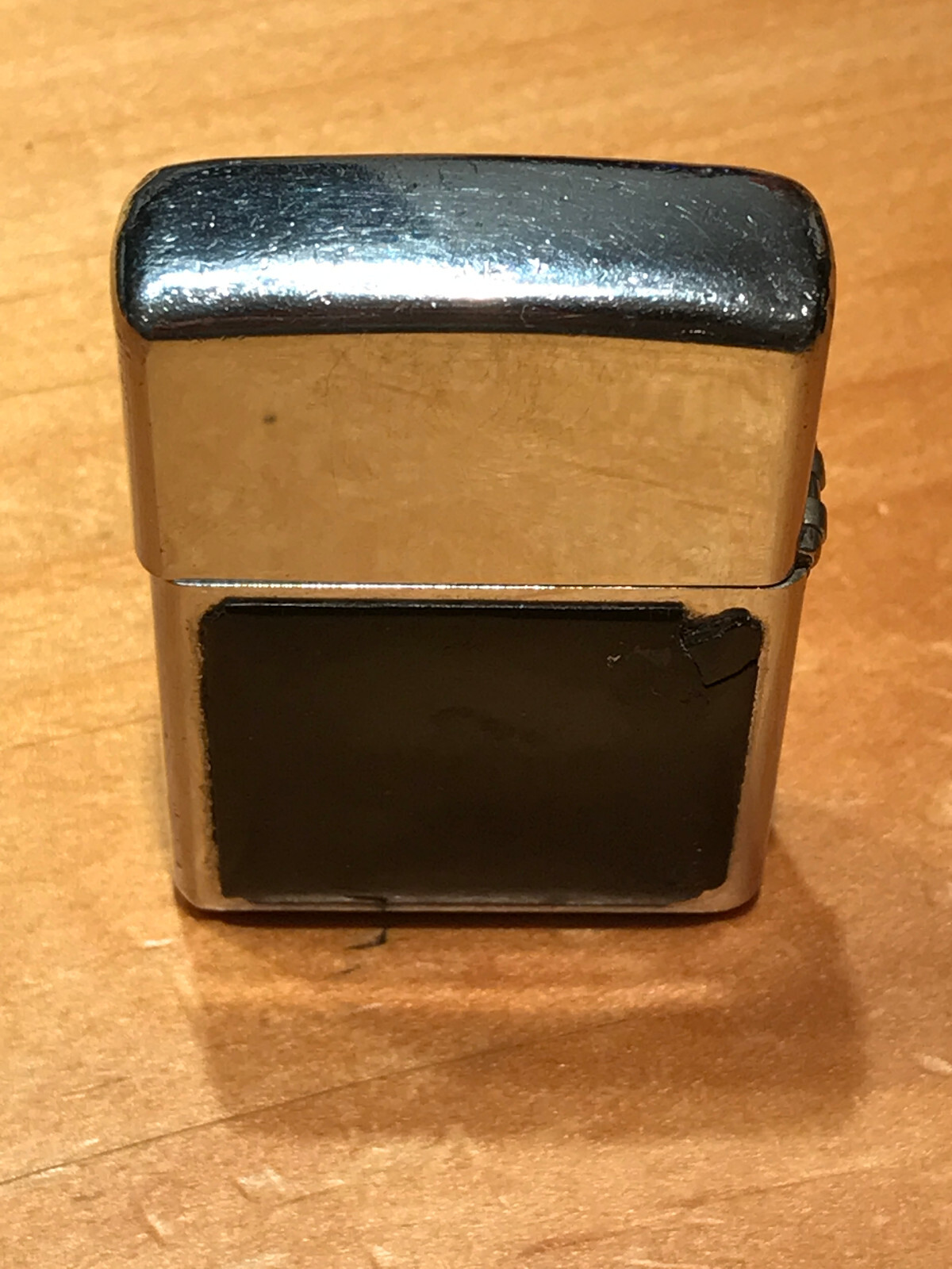 VINTAGE BRUSH CHROME BLACK PANELS ZIPPO LIGHTER WITH ENRAVING H C ON THE FRONT