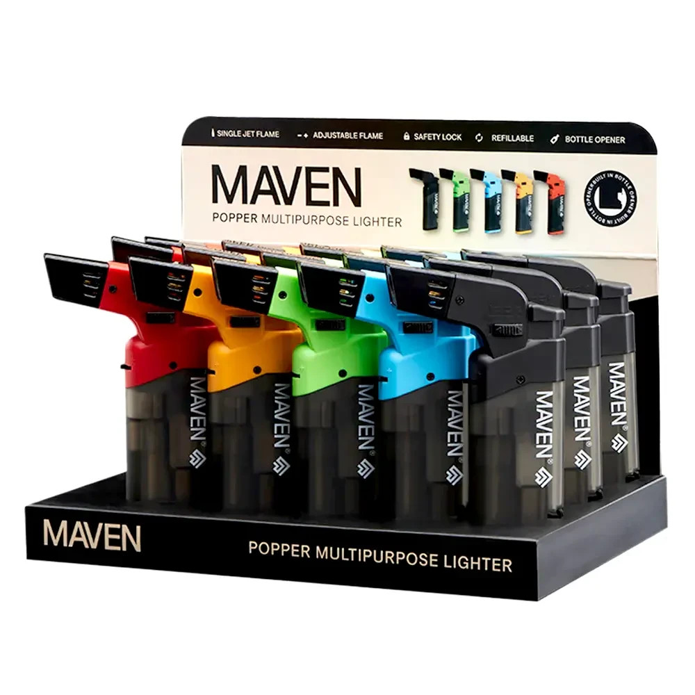 Maven Popper Torch Lighters 15 Pack Display Windproof Refillable Jet Flame
