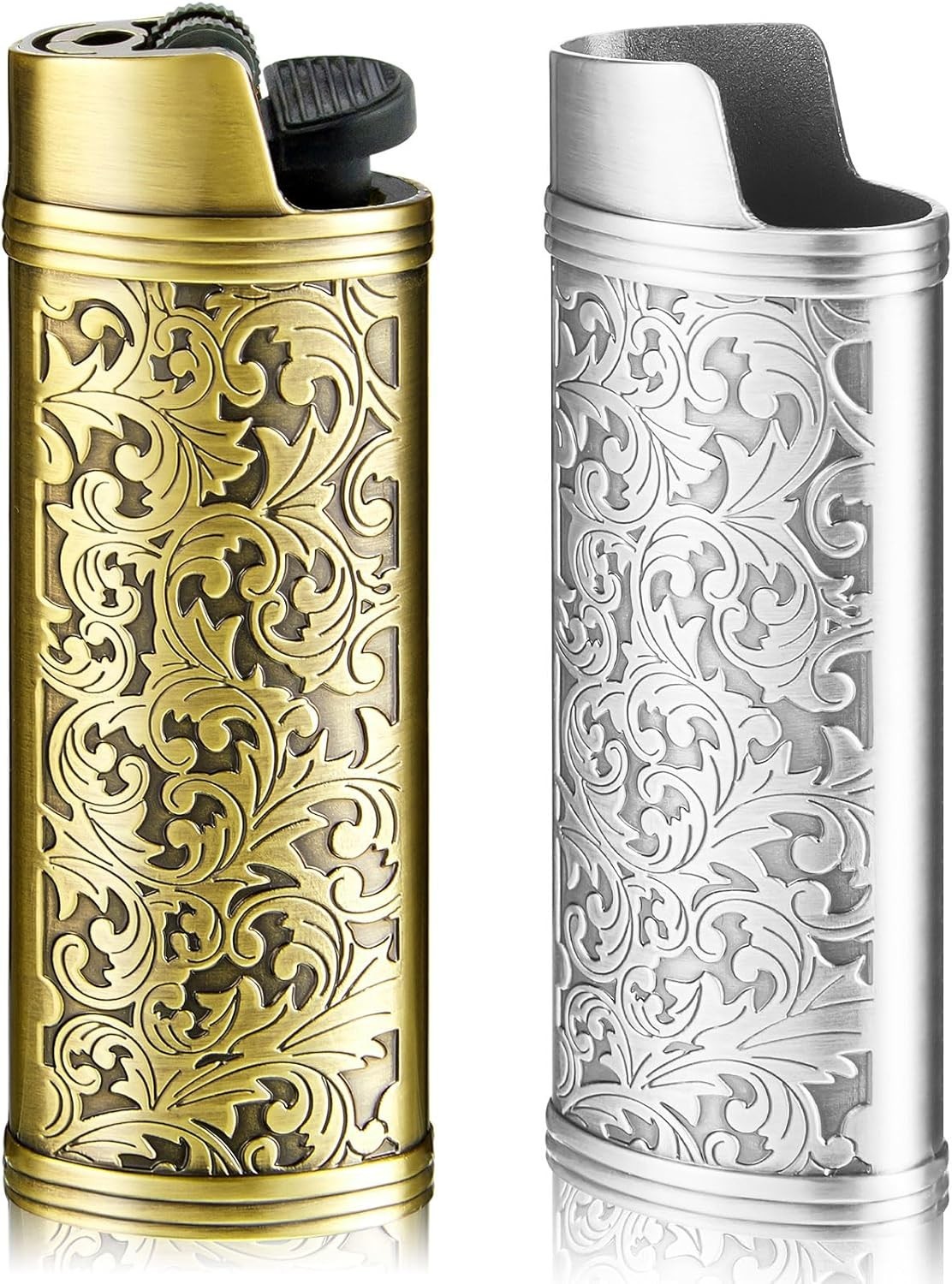 Vintage Metal Lighter Case Set with Arabesque Engraving in Bronze and Silver