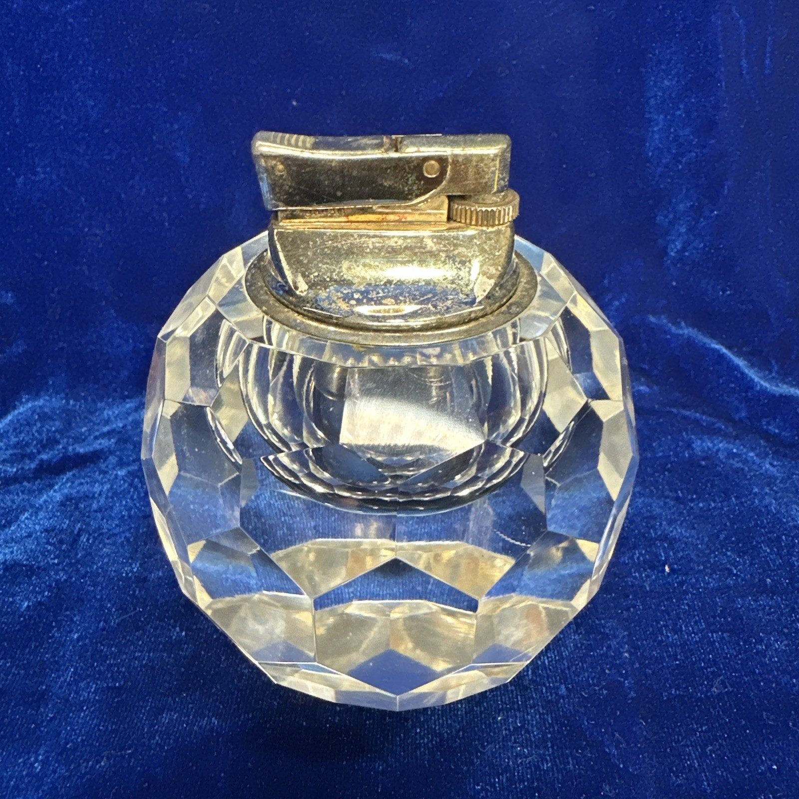 Vintage Heavy Clear Crystal Cut Glass Gas Table Lighter Chrome Top