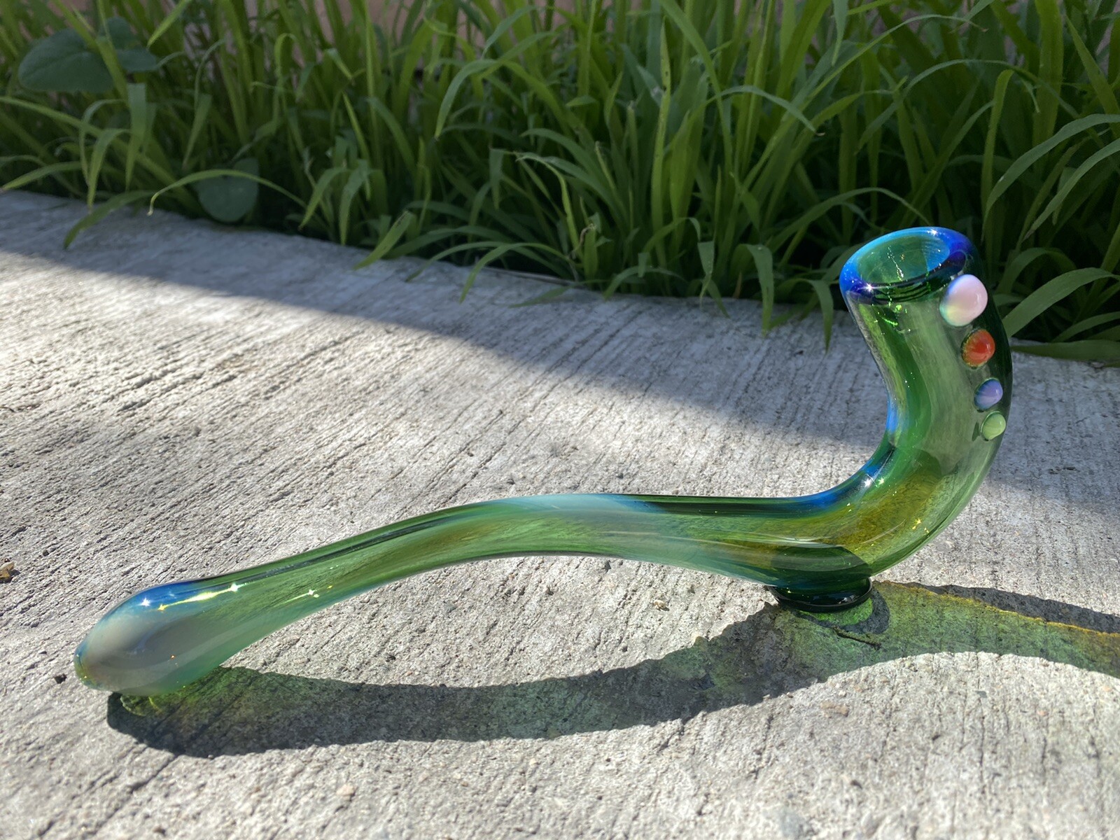 8.5” Green Sherlock TOBACCO Glass Pipe Silver Fumed