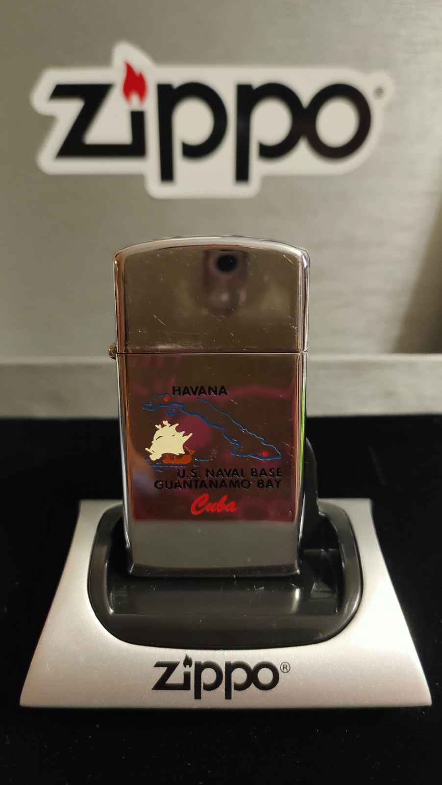 ZIPPO 1974 US Naval Base Guantanamo Bay Cuba Slim Lighter. Polished Chrome. New
