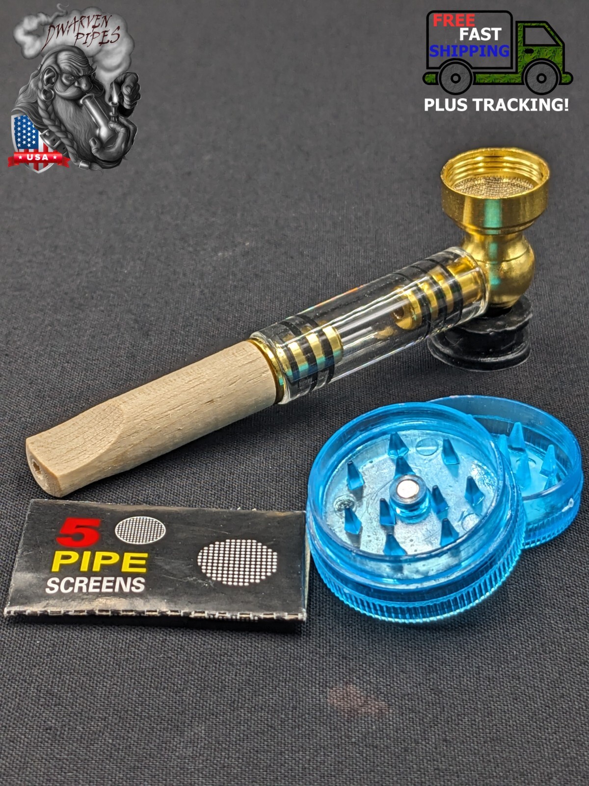 3.75″ Metal/Glass/Wood Tobacco Smoking Pipe Portable + 5 FREE Screens & Grinder!