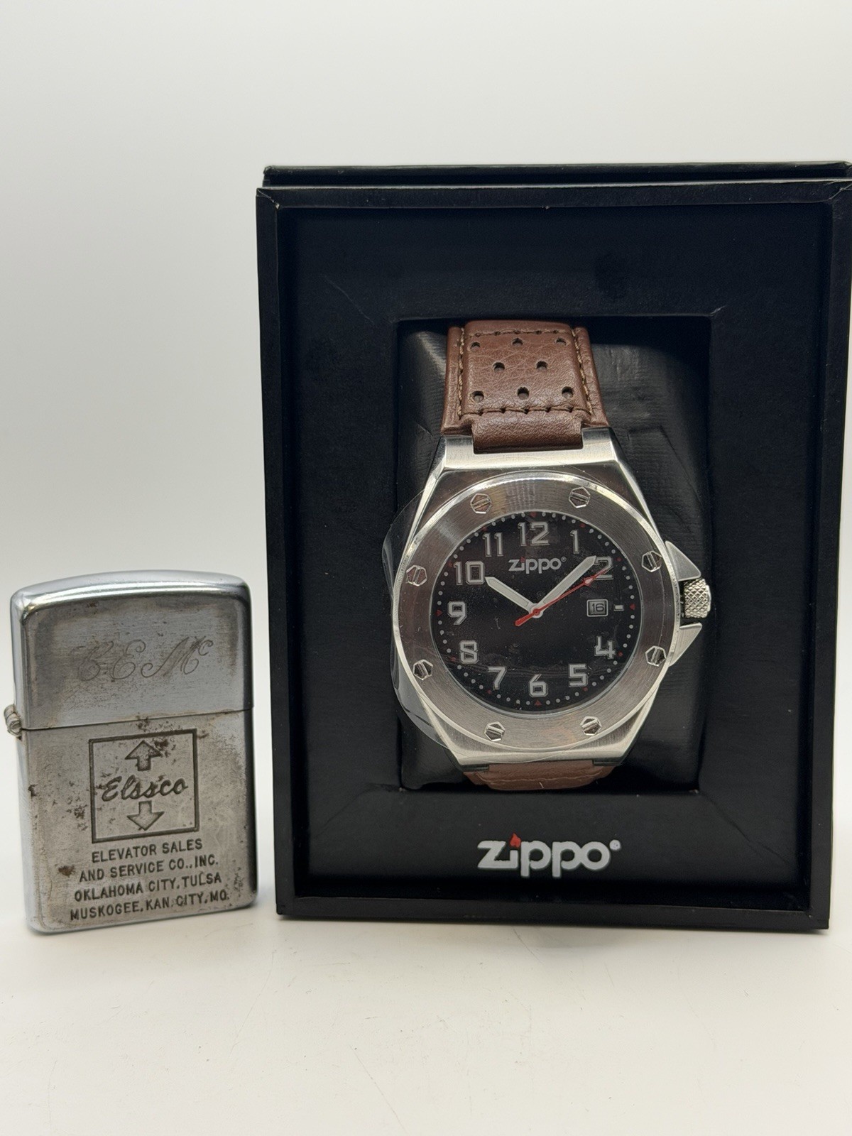 Vintage 1937-1950 Elssco Advertising Zippo Lighter W/ Casual Men’s Watch