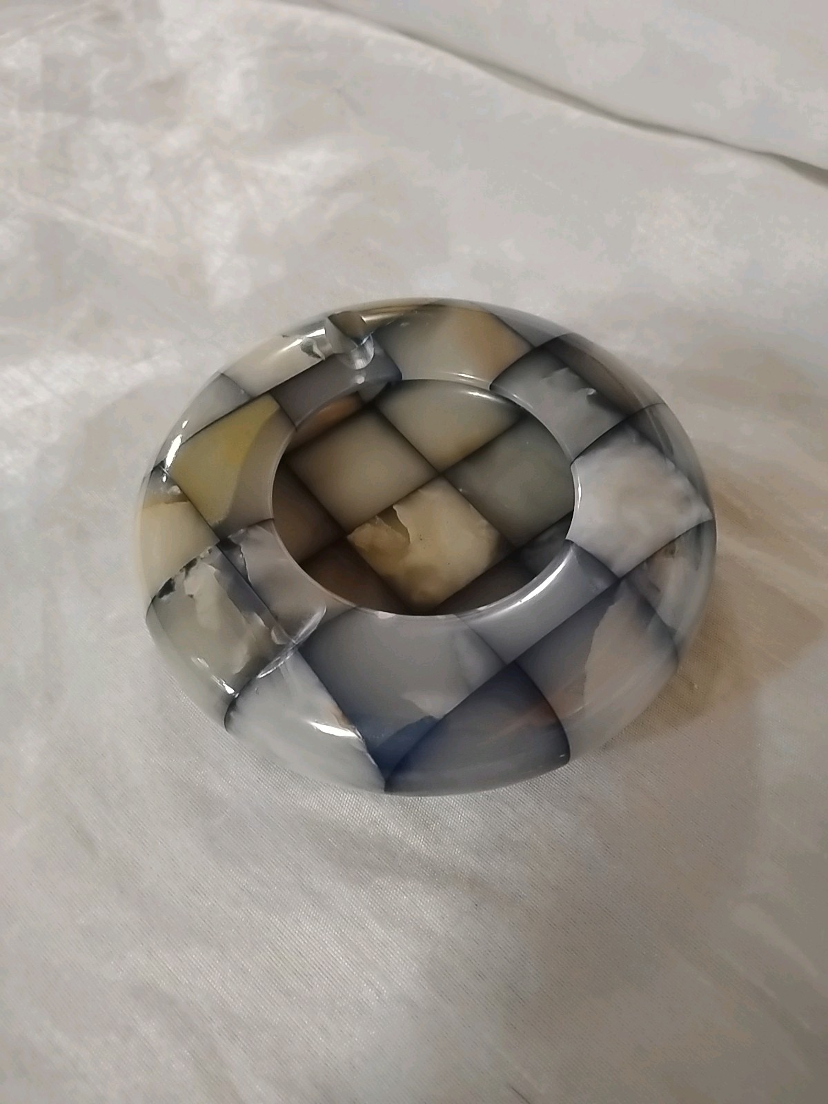 Vintage 1950s Checkerboard Italian Onyx Marble Polished Round Ashtray Decor