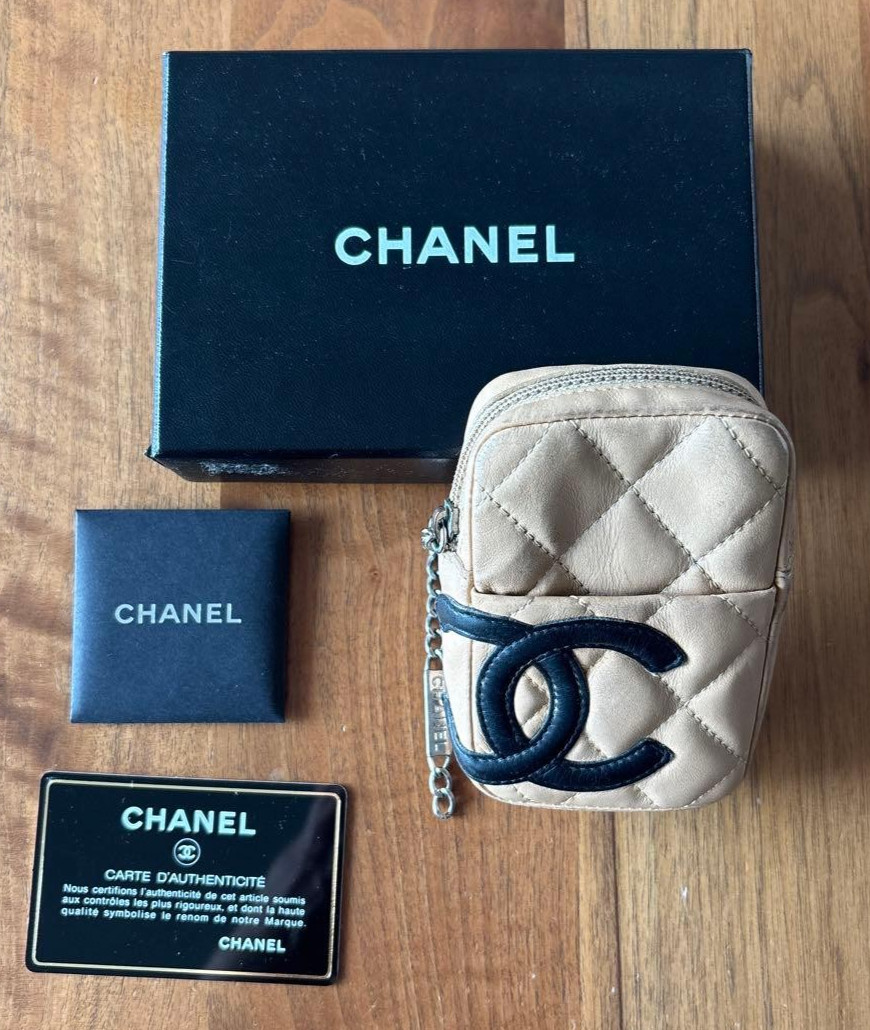 CHANEL Cambon Line Cigarette Case Pouch Beige Leather Quilting CC Logo Japan