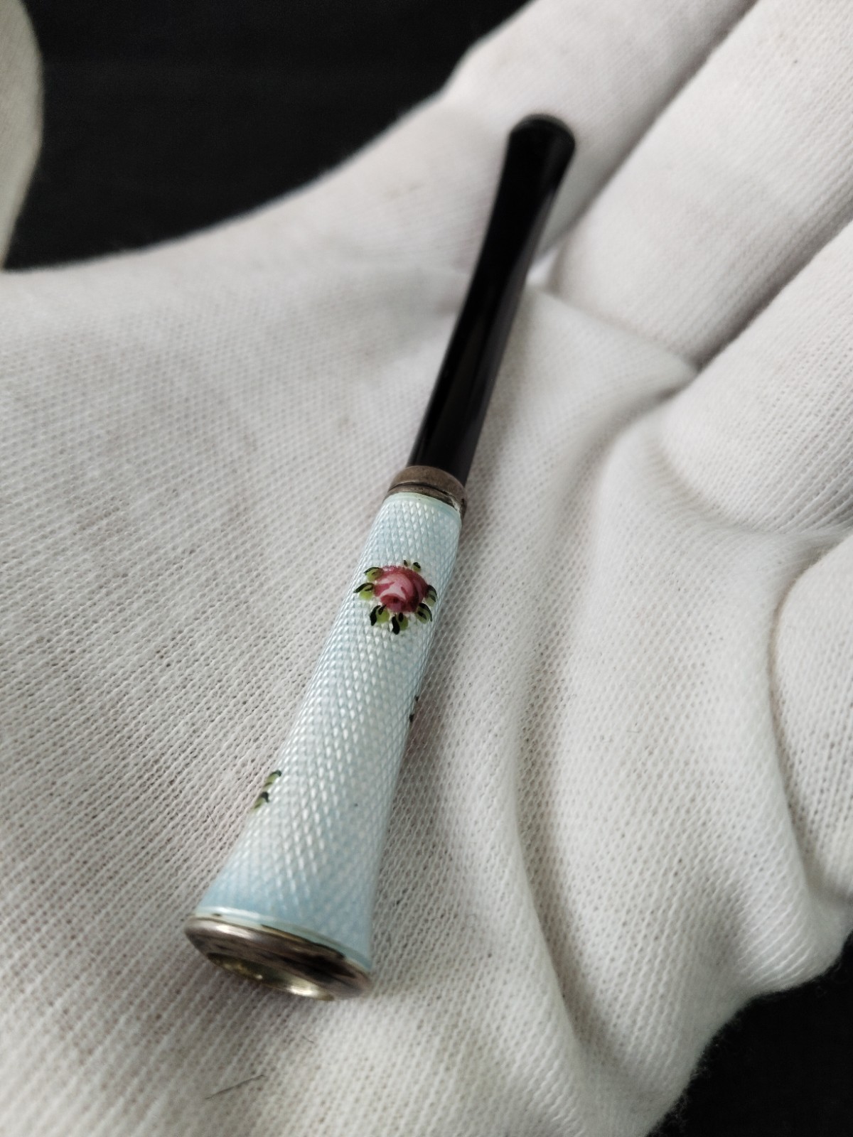 Vintage Sterling Silver-Guilloche Enamel Cigarette Holder-Mint Green w/HP Roses
