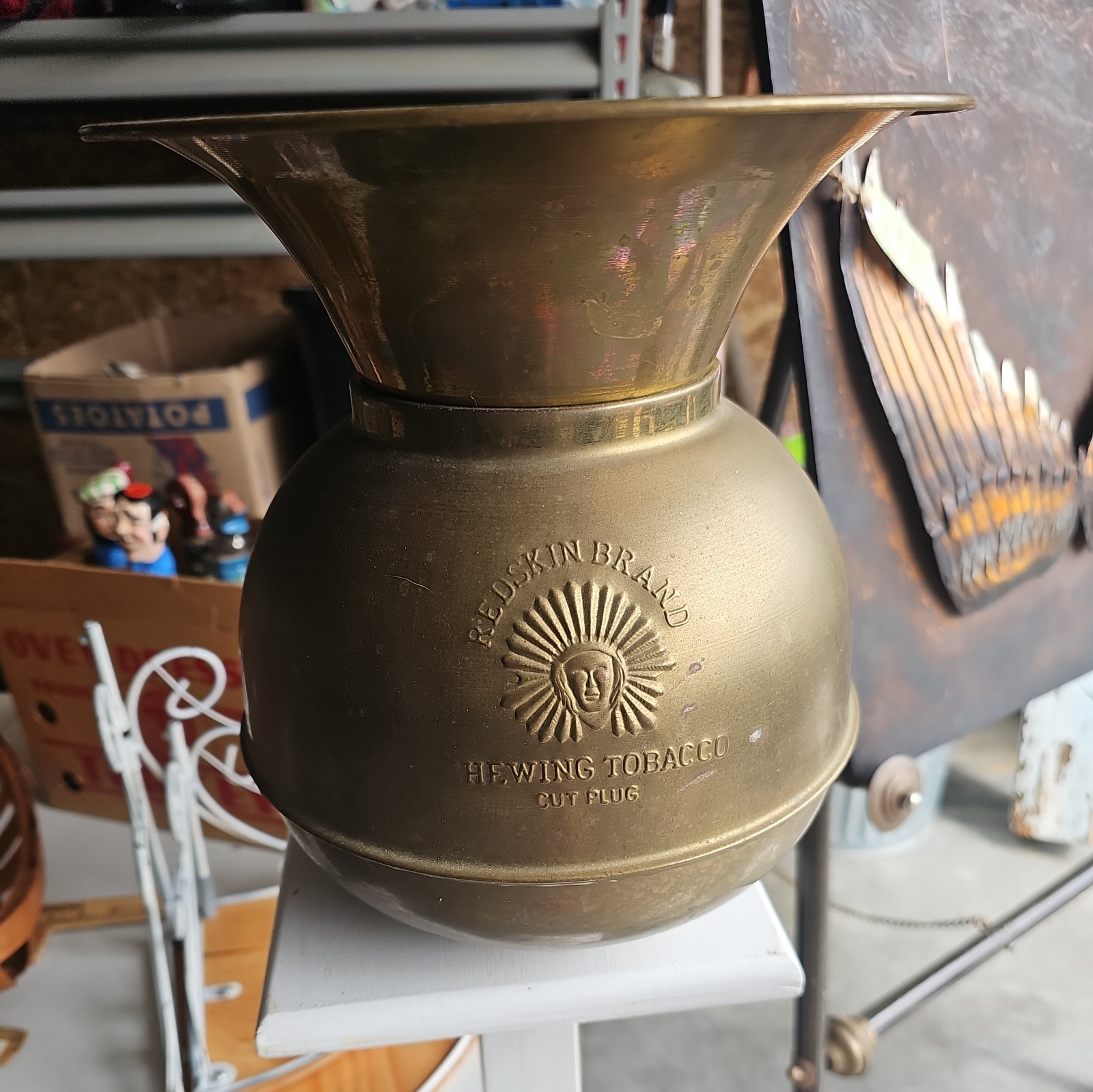 Vintage Redskin Brand Chewing Tobacco Cut Plug Copper Brass Spittoon Man Cave