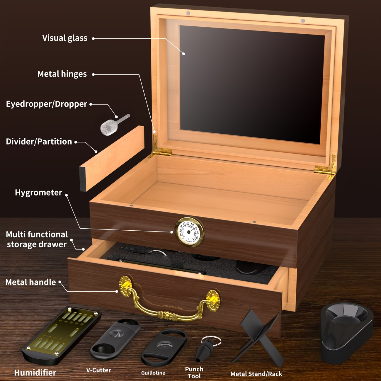 Cigar Humidor Box Glass Top Cedar Lined Hygrometer Lock Brown Case