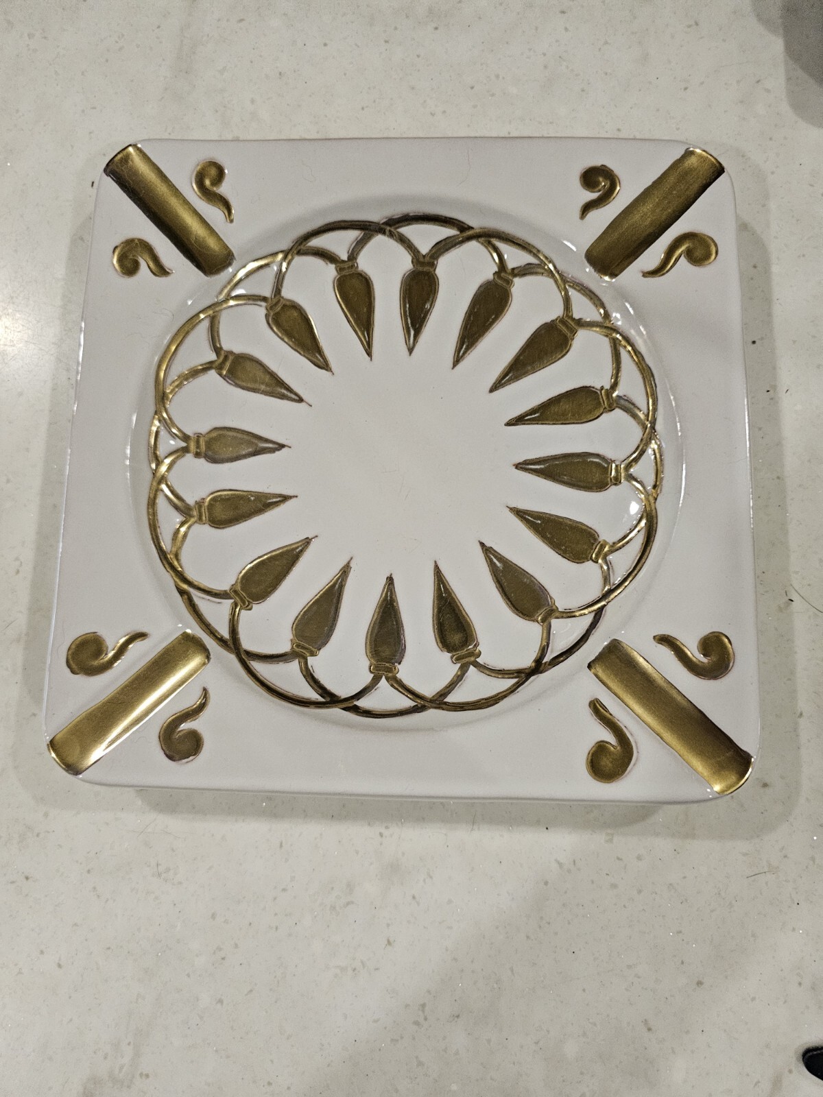 Vintage Ugo Zaccagnini White & Gold Ceramic Ashtray Made in Italy. 8.5″ Square