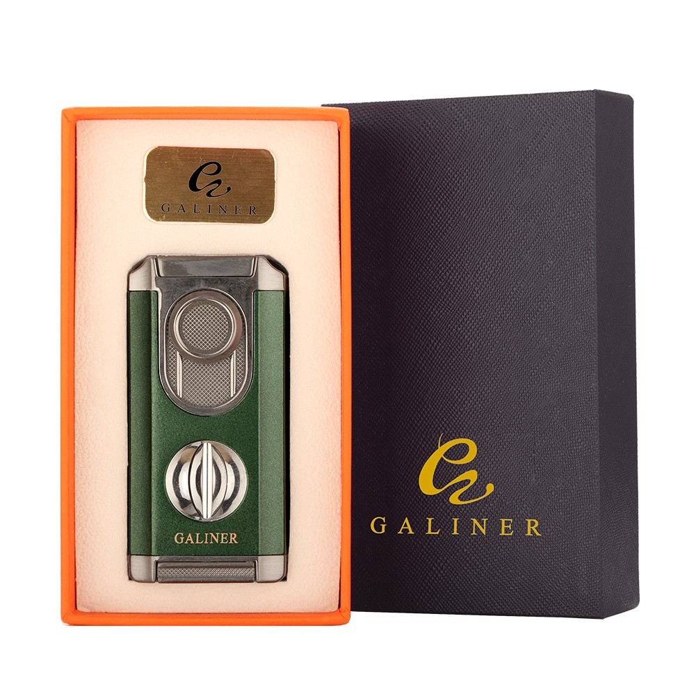 Galiner Travel 3 Jet Flame Torch Cigar Lighter Stainless V-Cutter Green Holder