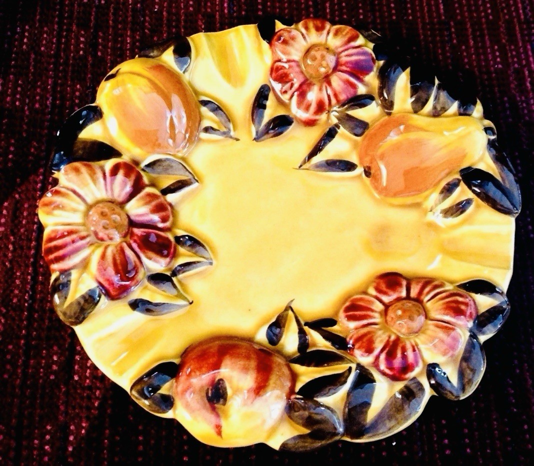 1970s Pottery Ashtray Fruit Flower Pattern Harvest Gold Pear Daisy Vintage