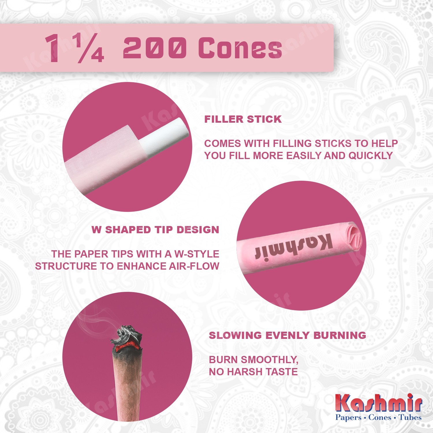 Kashmir Pink Pre Rolled Cones 1 1/4 Size – 200 Ct Limited Edition Rolling Paper