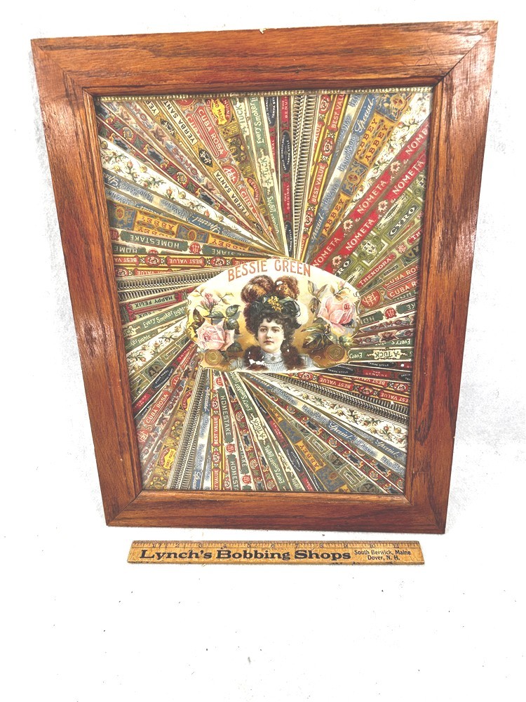 antique cigar box liner ribbon labels framed collage 19×14 decorative art 1890