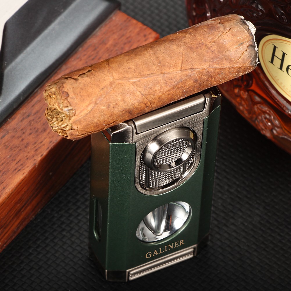Galiner Travel 3 Jet Flame Torch Cigar Lighter Stainless V-Cutter Green Holder