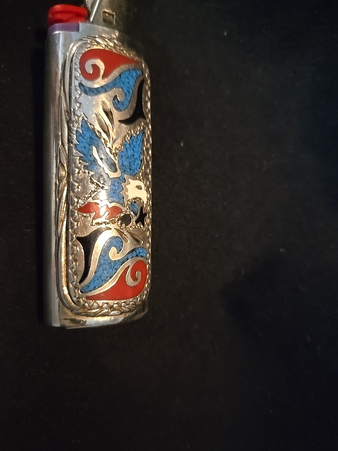 Vtg Lighter Case EAGLE Silver Coral Turquoise Western Cover Holder fits Bic