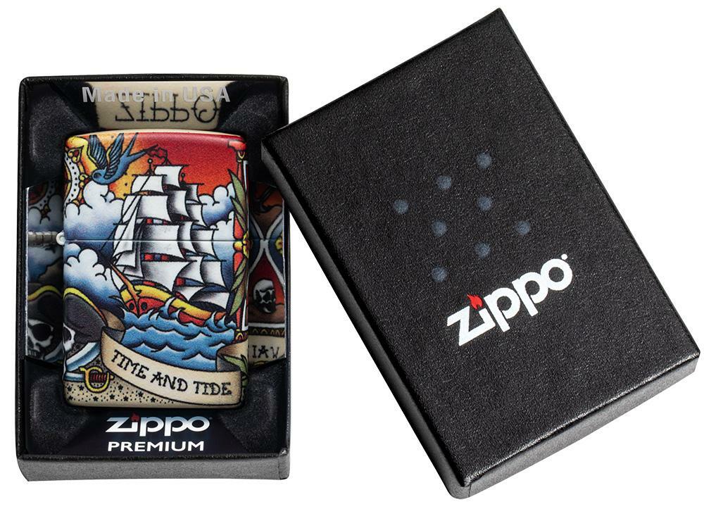 Zippo Windproof Pirate Ship & Lighthouse, Nautical Tattoo, 49532, New In Box