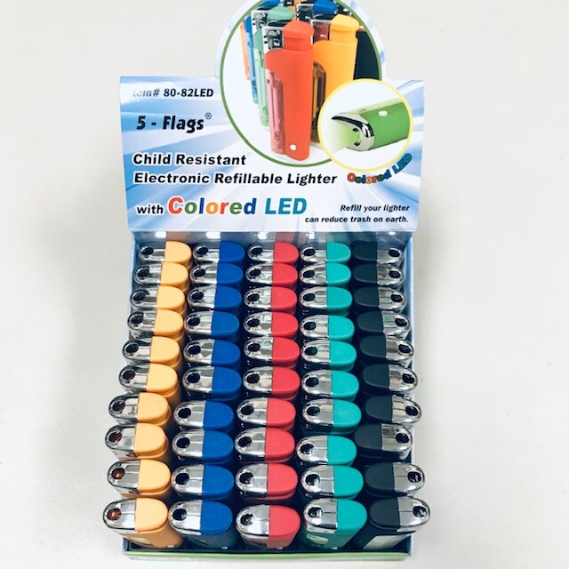 5 Flags LED Lighter Ass. Colors With LED Lighter 5 Pcs Display Box # 80-82 LED
