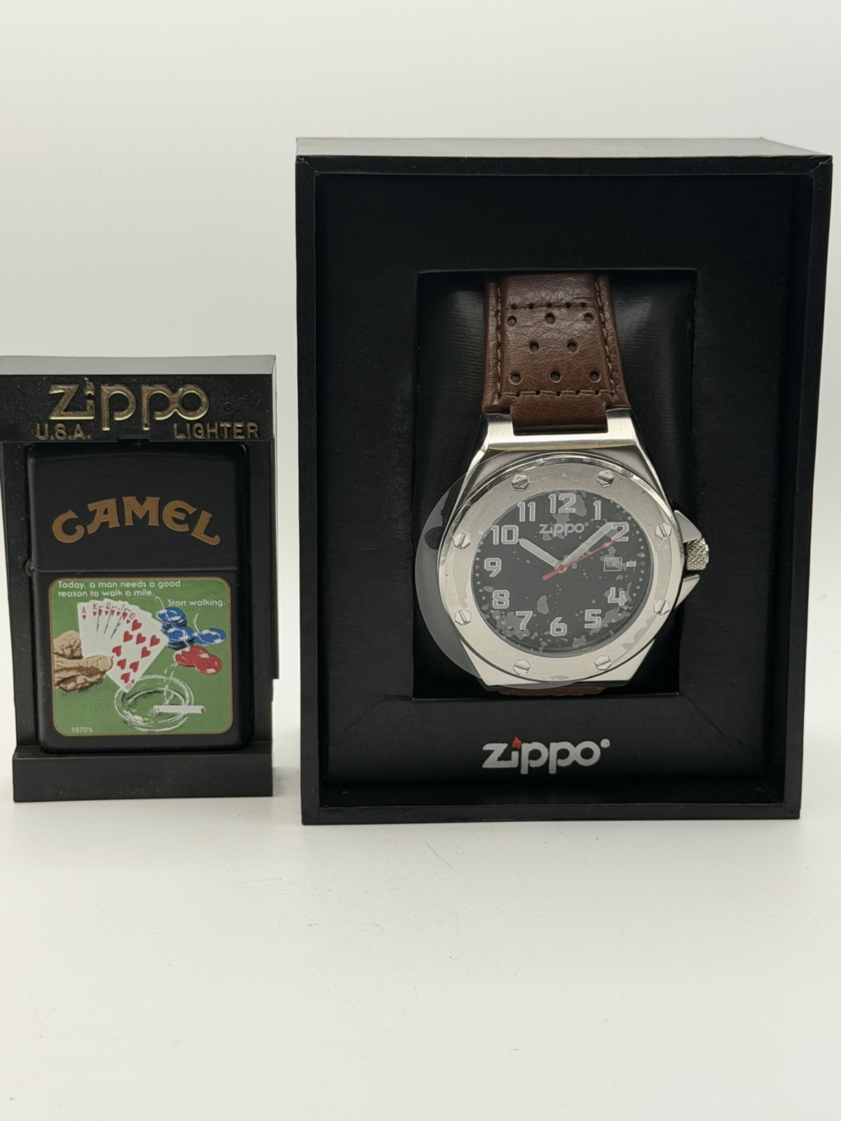 Limited Camel Poker Game 1970’s Black Zippo Lighter W/ Casual Bolted Watch New