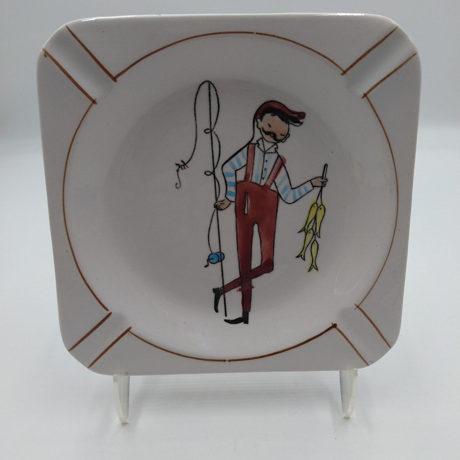 Gay Ninety’s Dandy Fishing Gentleman Man Ceramic Ashtray MCM Vintage