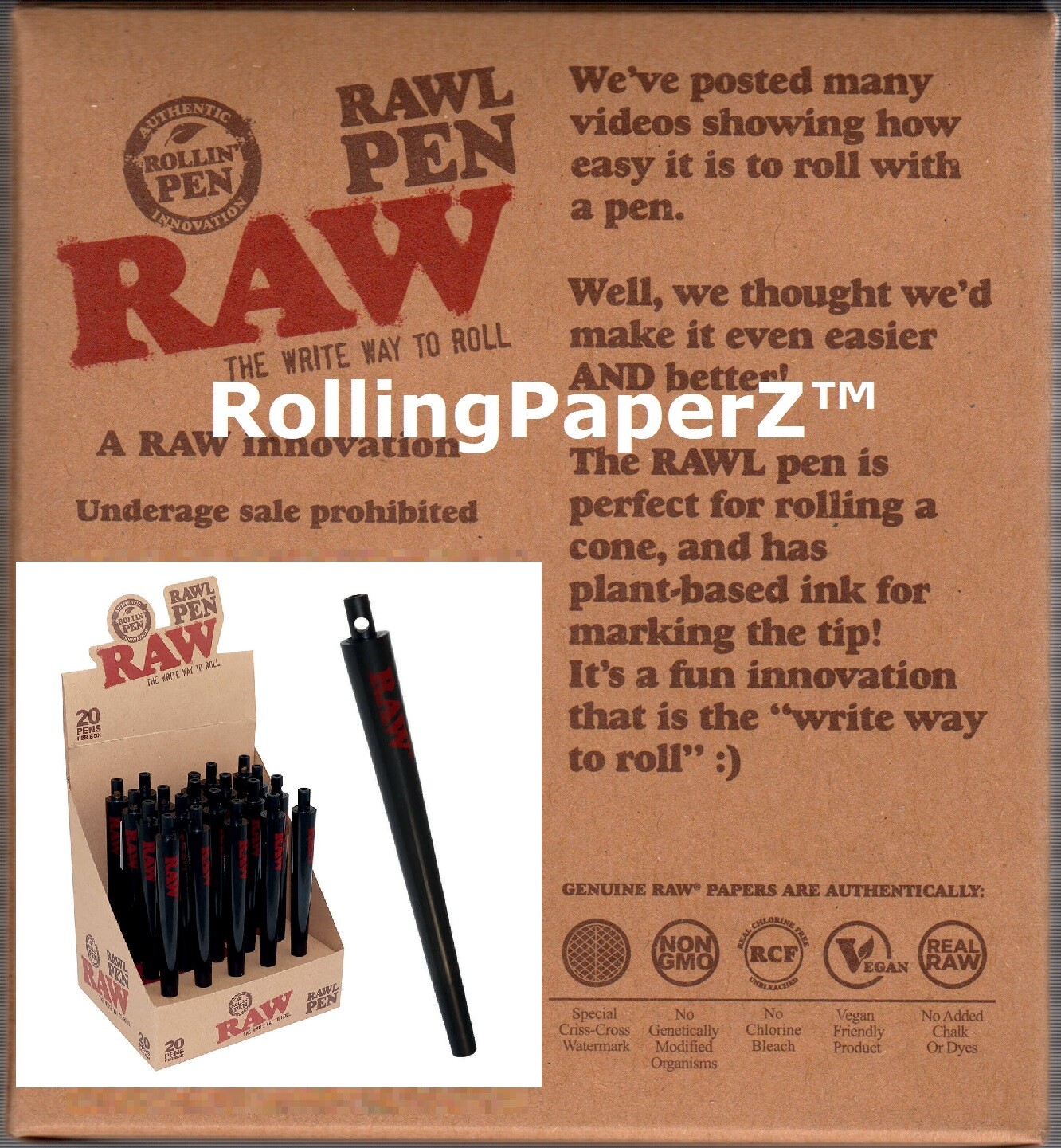 RAW “RAWL PEN” Cone Roller+Pack of BLACK ORGANIC HMP KING SIZE PAPERS+TIPS+TUBE