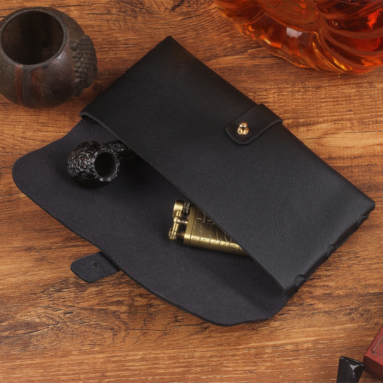 Tobacco Pipe Case PU Leather Pipe Storage Pouch Holder Black Portable