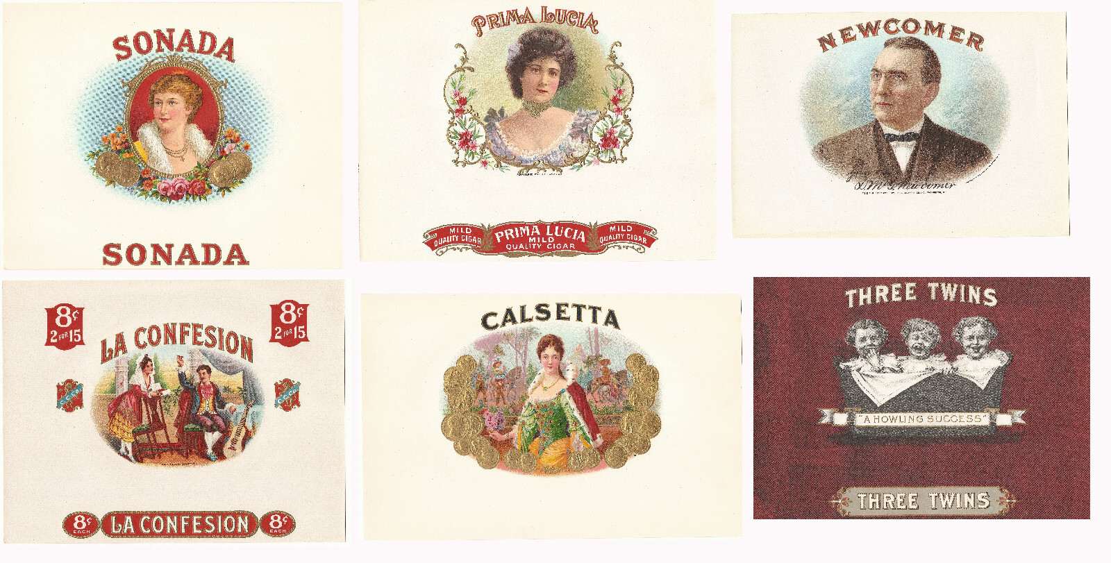 6 different vintage cigar box labels