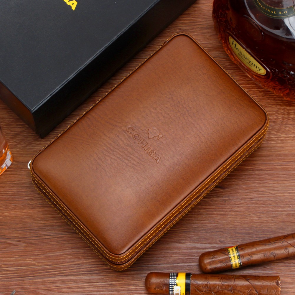 Portable Cigar Humidor Brown Vintage Leather Cedar Wood Case 4 Cigars Ashtray