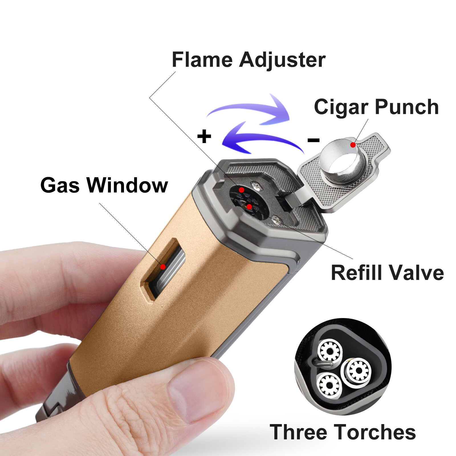 Metal Cigar Lighter 3 Jet Torch Butane Blue Flame Cigar Accessories with Punch