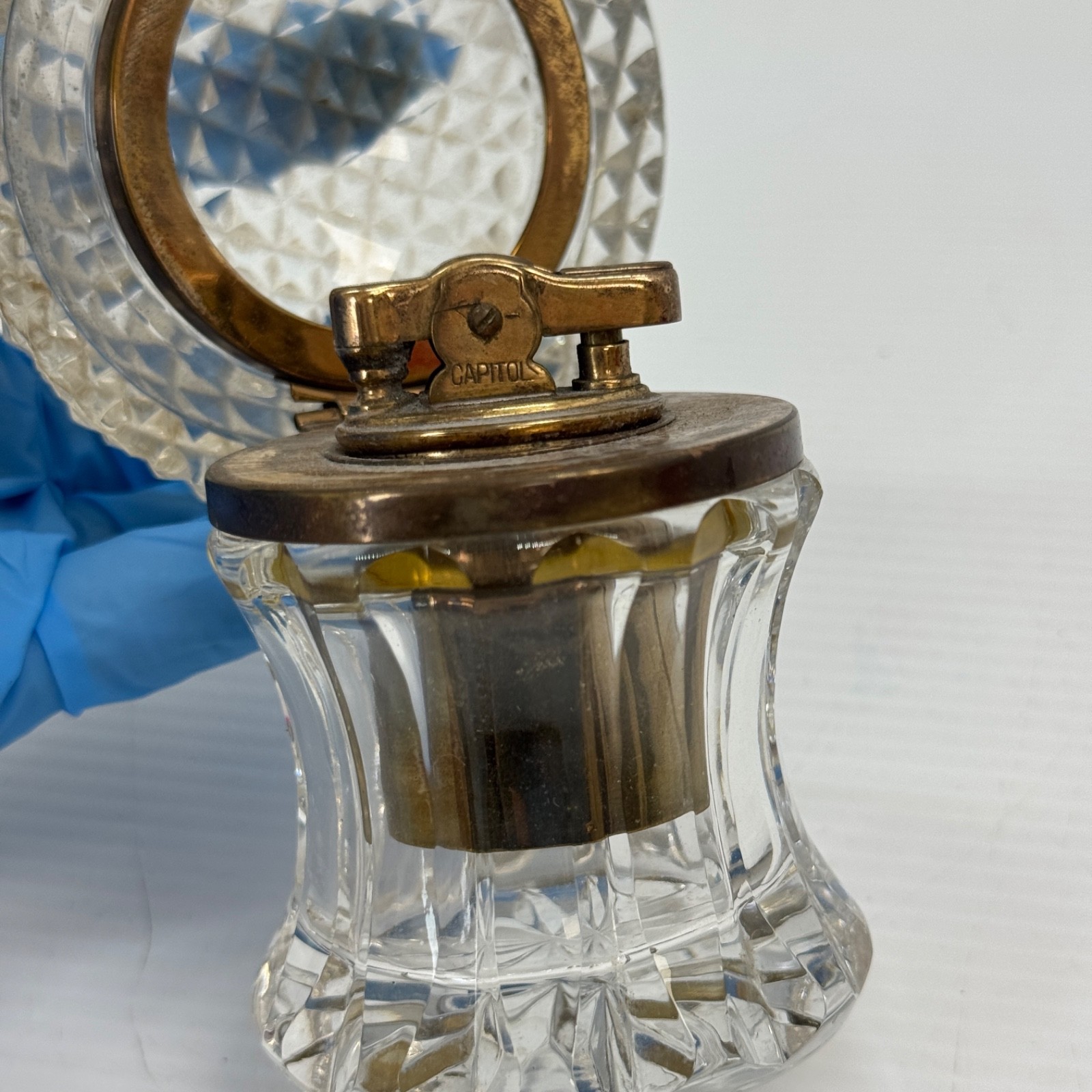 Vintage Capitol Crystal Table Lighter Cut Glass Lift Top Cigarette Lighter