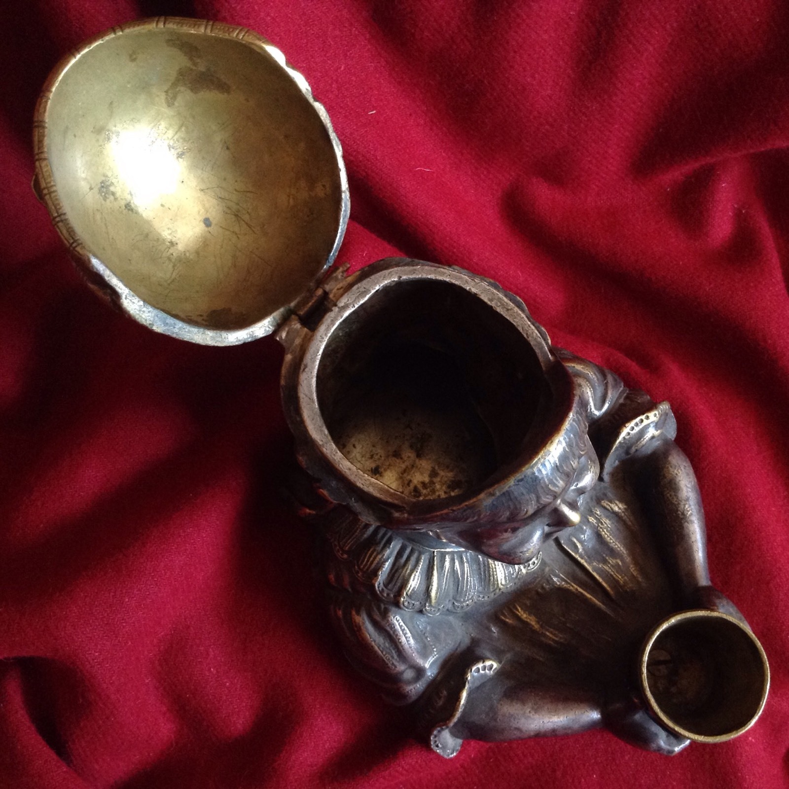 Antique Silver Bronze Pipe Tobacco Box Humidor Beggar Child Lid Top Secret Hide