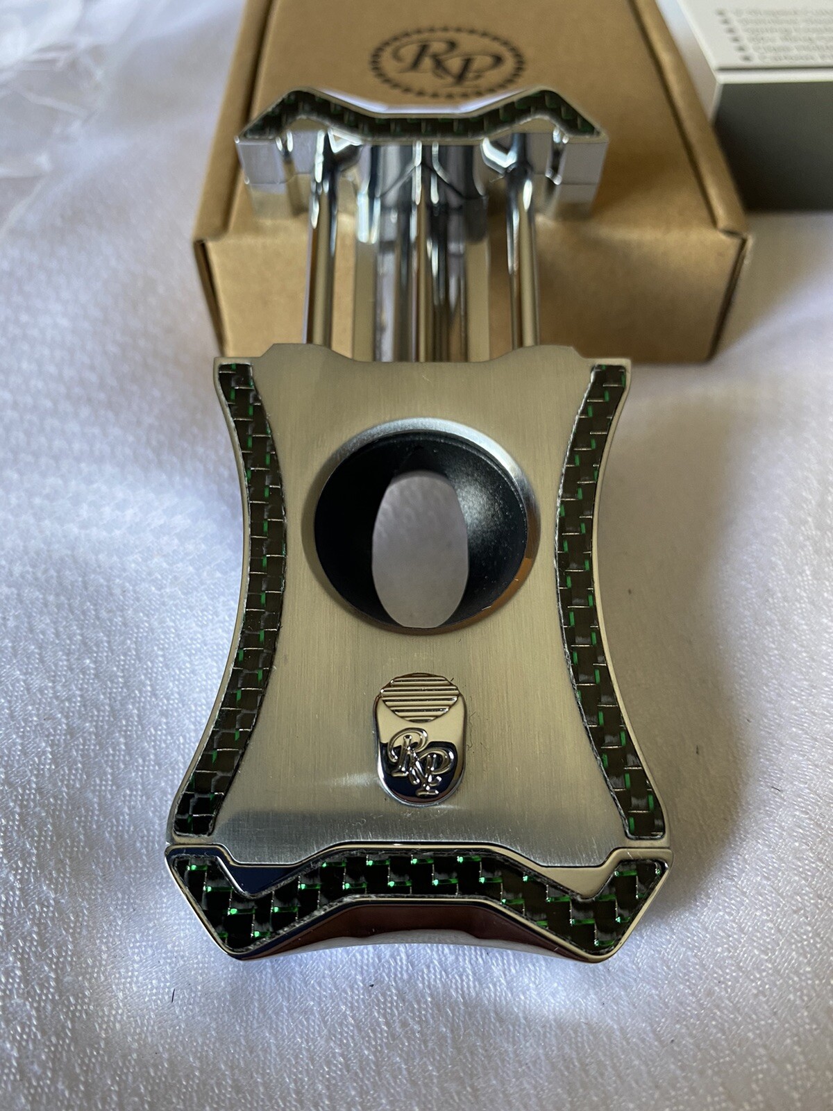 Rocky Patel Viper V-Cut Cigar Cutter – Silver and Green Carbon Fiber – New