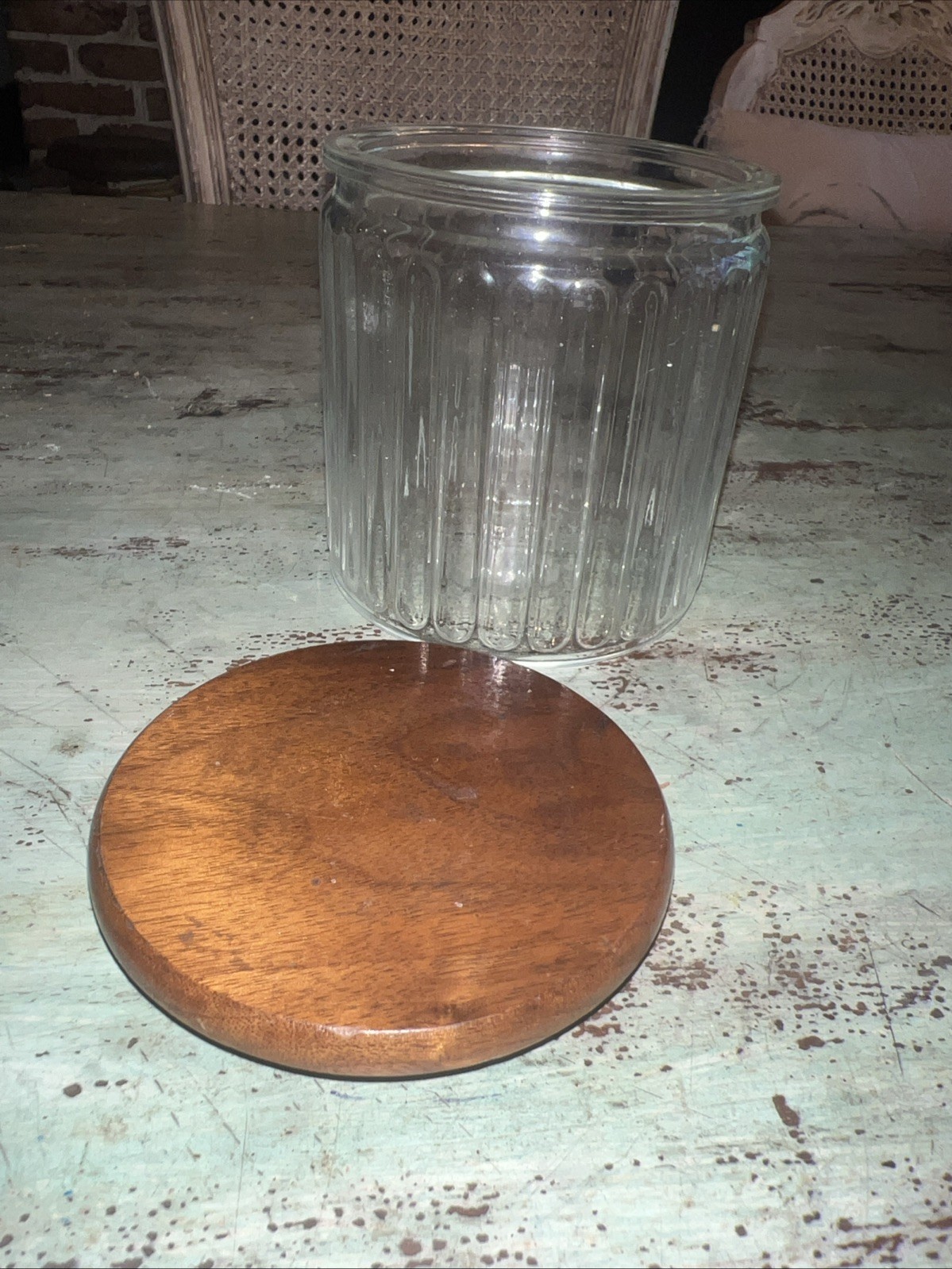 Vintage Tobacco Humidor replacement jar W/Wood Lid CLEAR Ribbed Glass AZTEC- USA