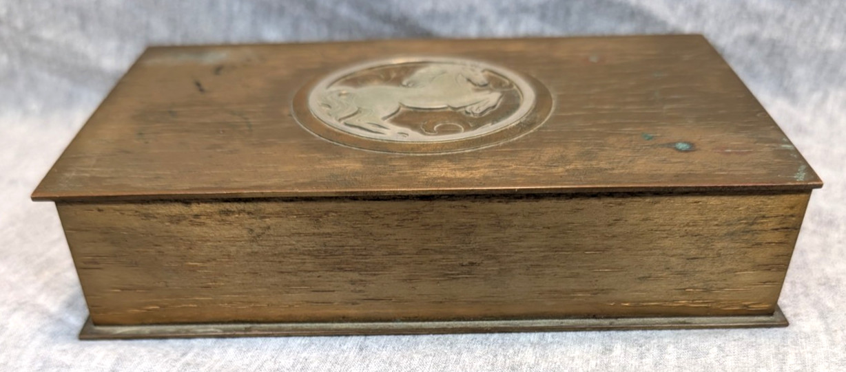 Vintage Silver Crest Plated Bronze Cigarette Box Horse Motif c. 1930 Smith Metal